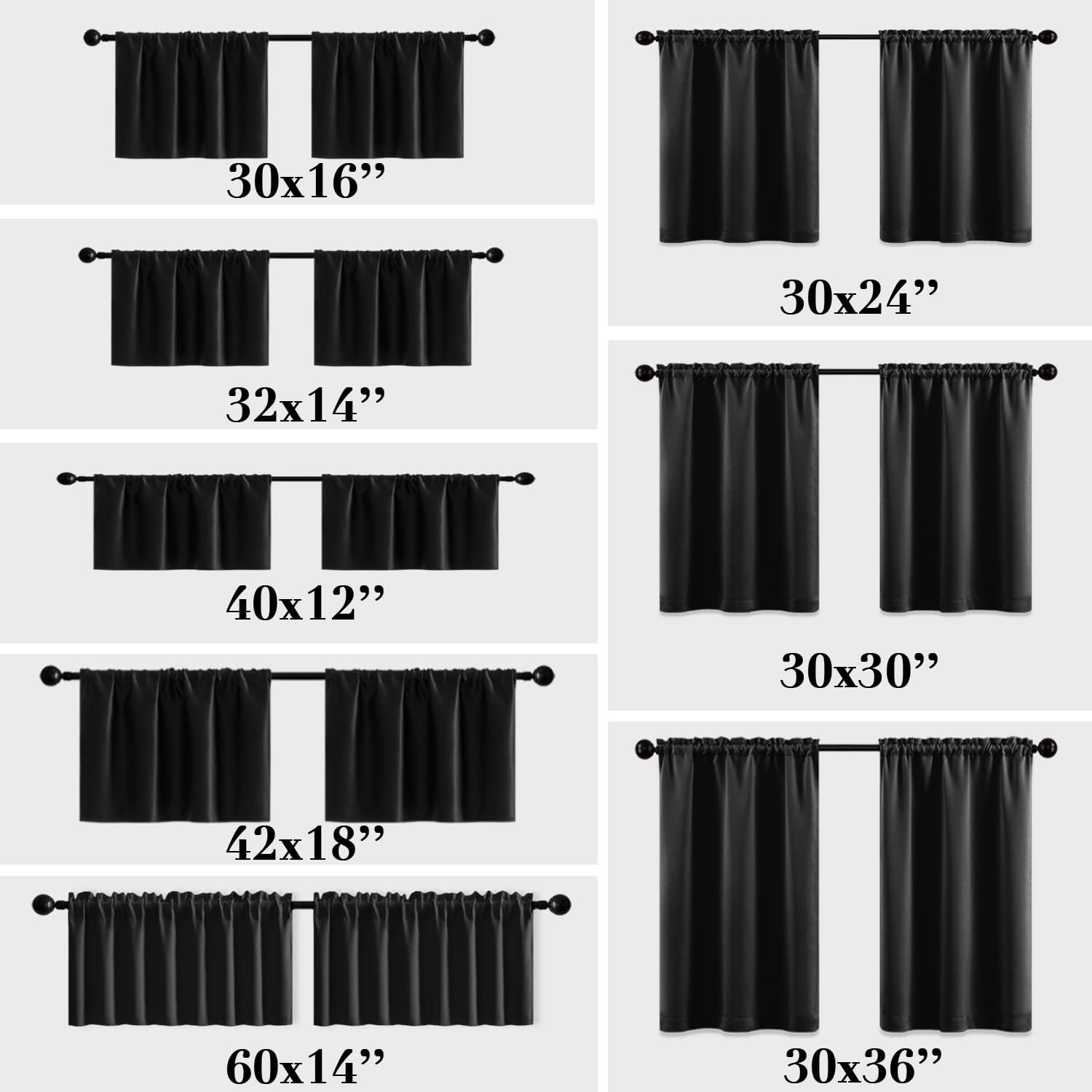 Basement Window Curtains 16 Inch 30"W x 16"L (Pack of 2), Black