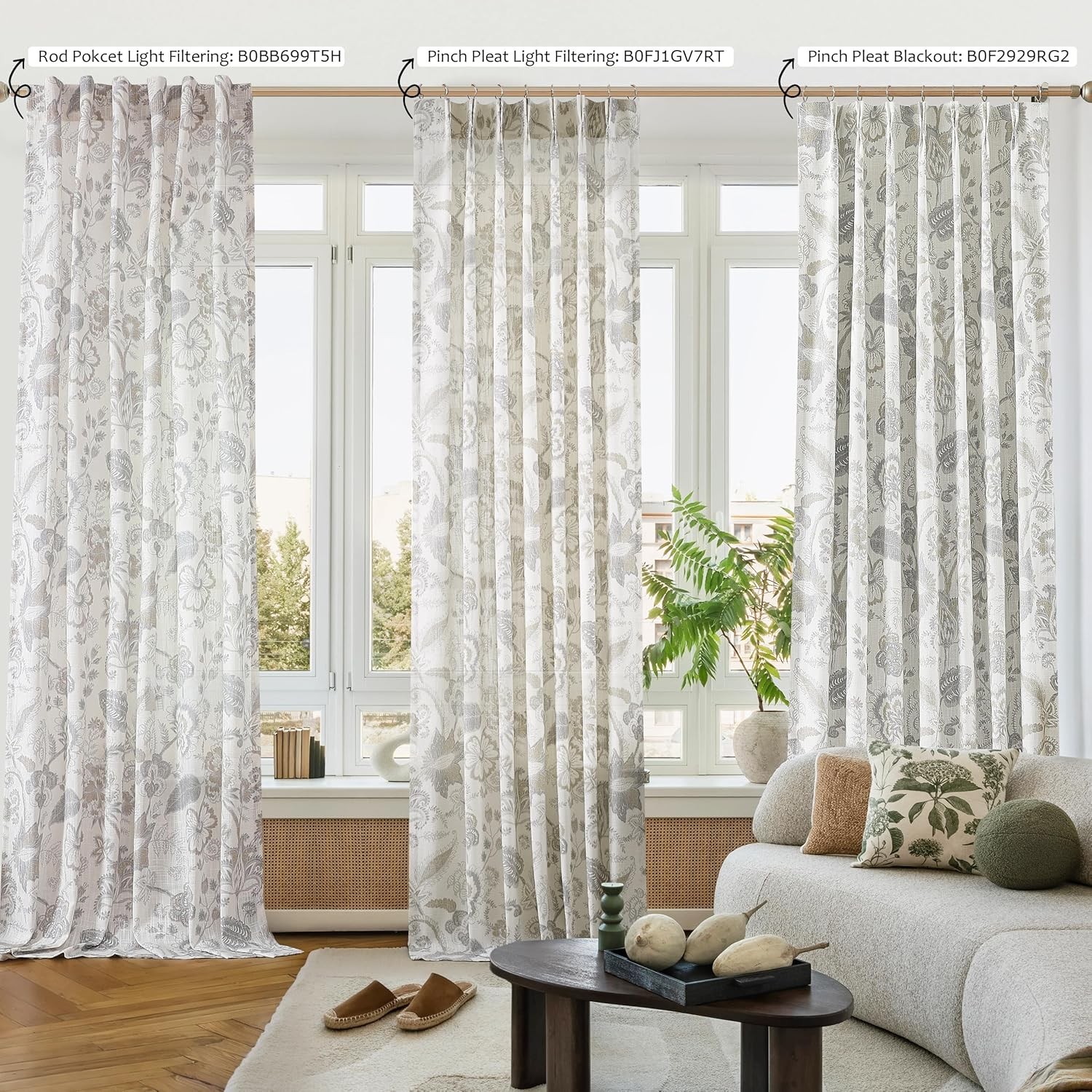 Floral Leaf Print Light Filtering Curtains Grey Linen Botanical Leaf Flower