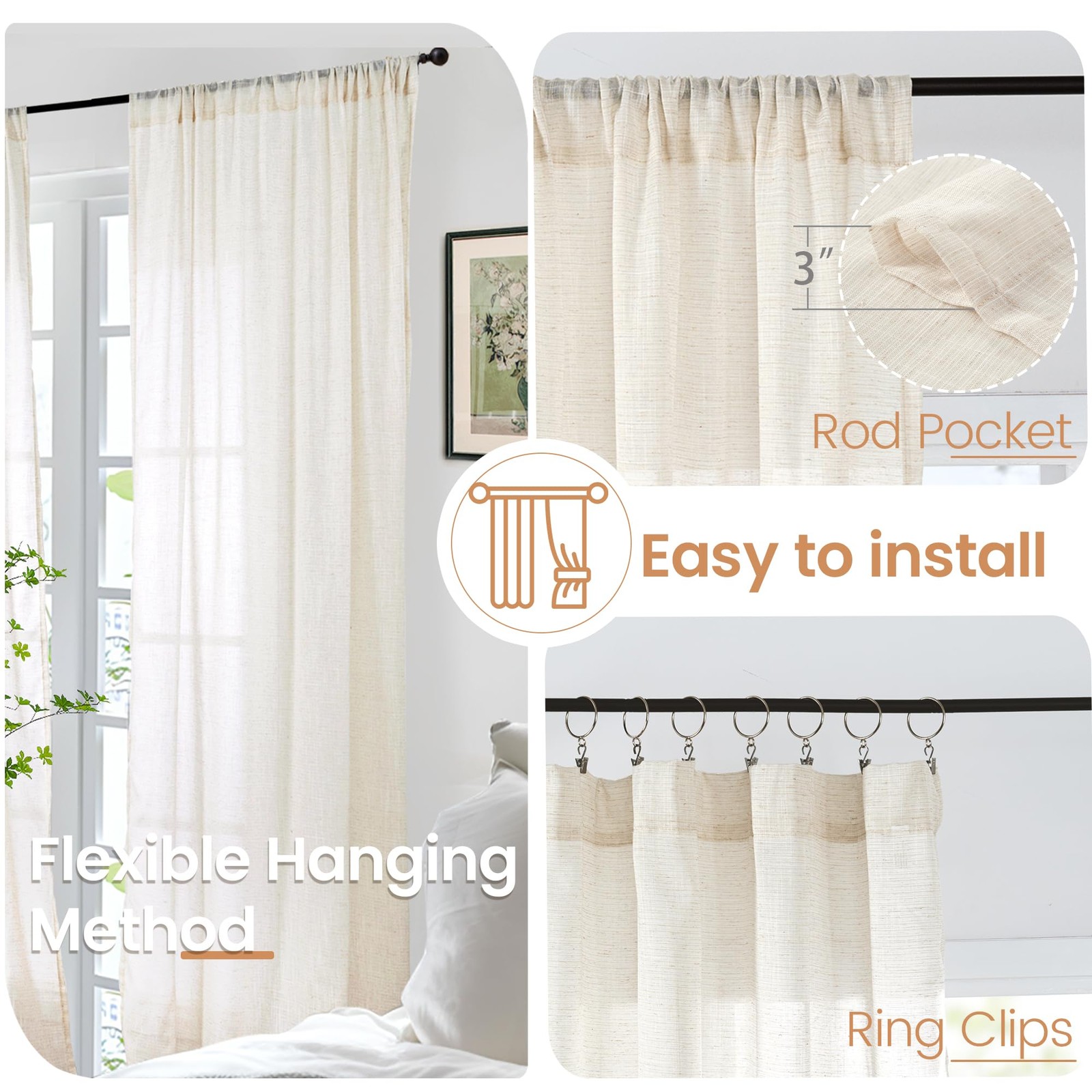 Linen Curtains 36 Inch Length for Kitchen 30″W x 36″L (Pack of 2) Light Beige