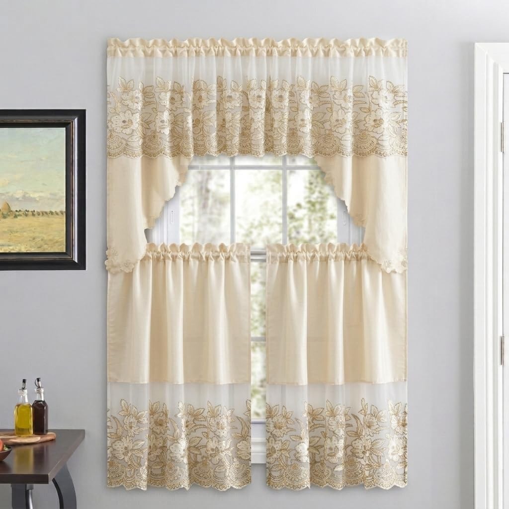 3 Piece Sequin Embroidered Window Curtain Set – Valance and Tiers – Kitchen, …