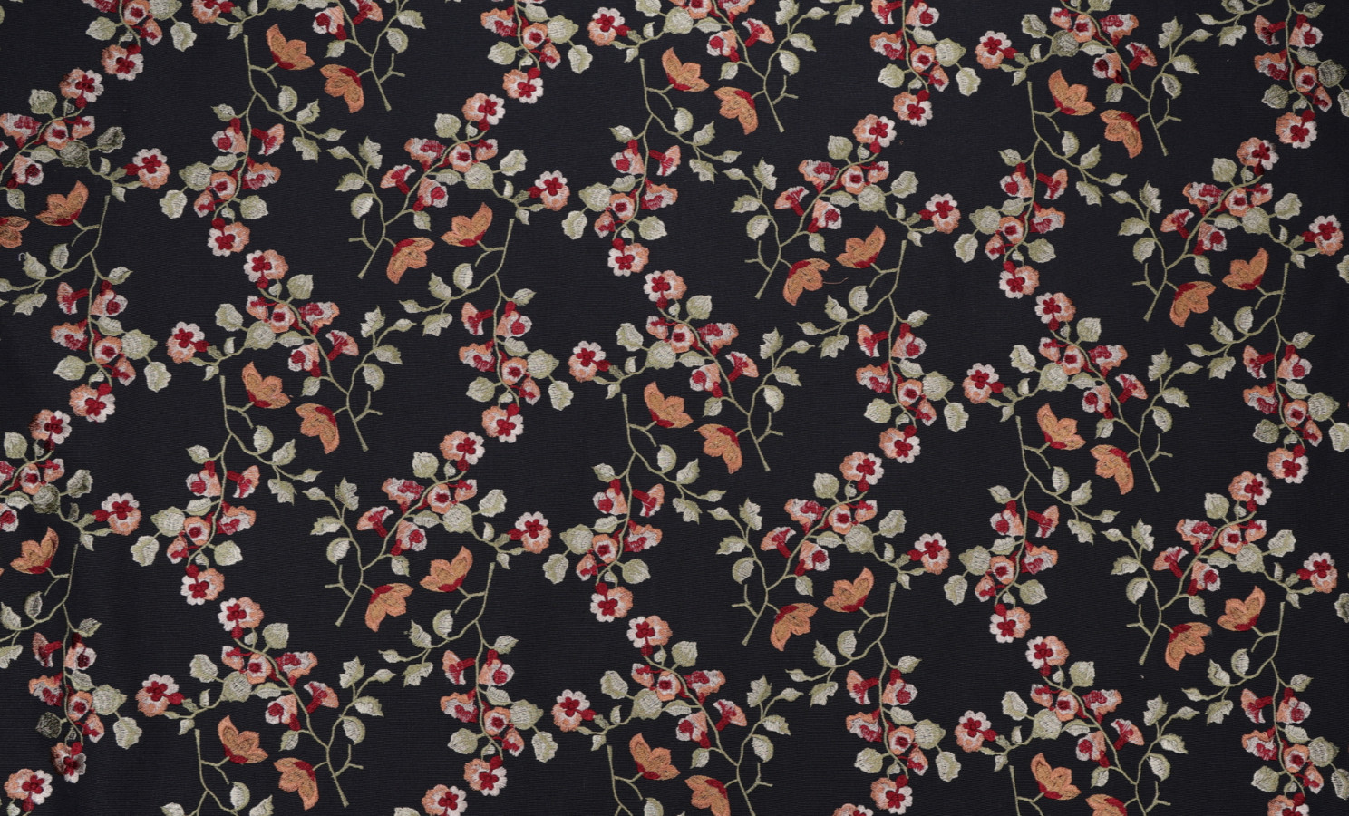 2 DRAPES Densely Embroidered Ruby Red Green Floral on Ink Black Taffeta
