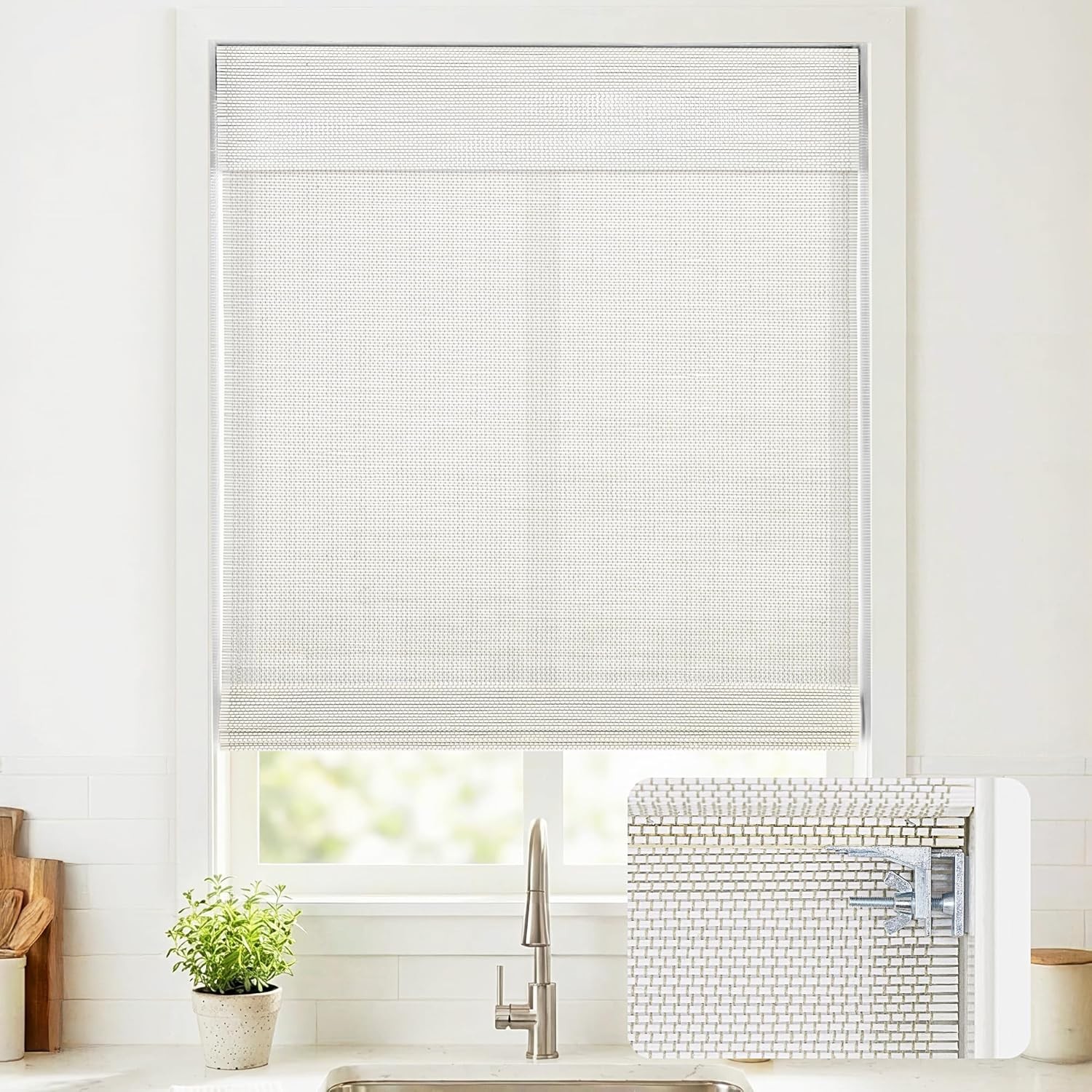 No Drill Cordless Bamboo Roman Shades, 33.5×64 in, Off White | Natural material,