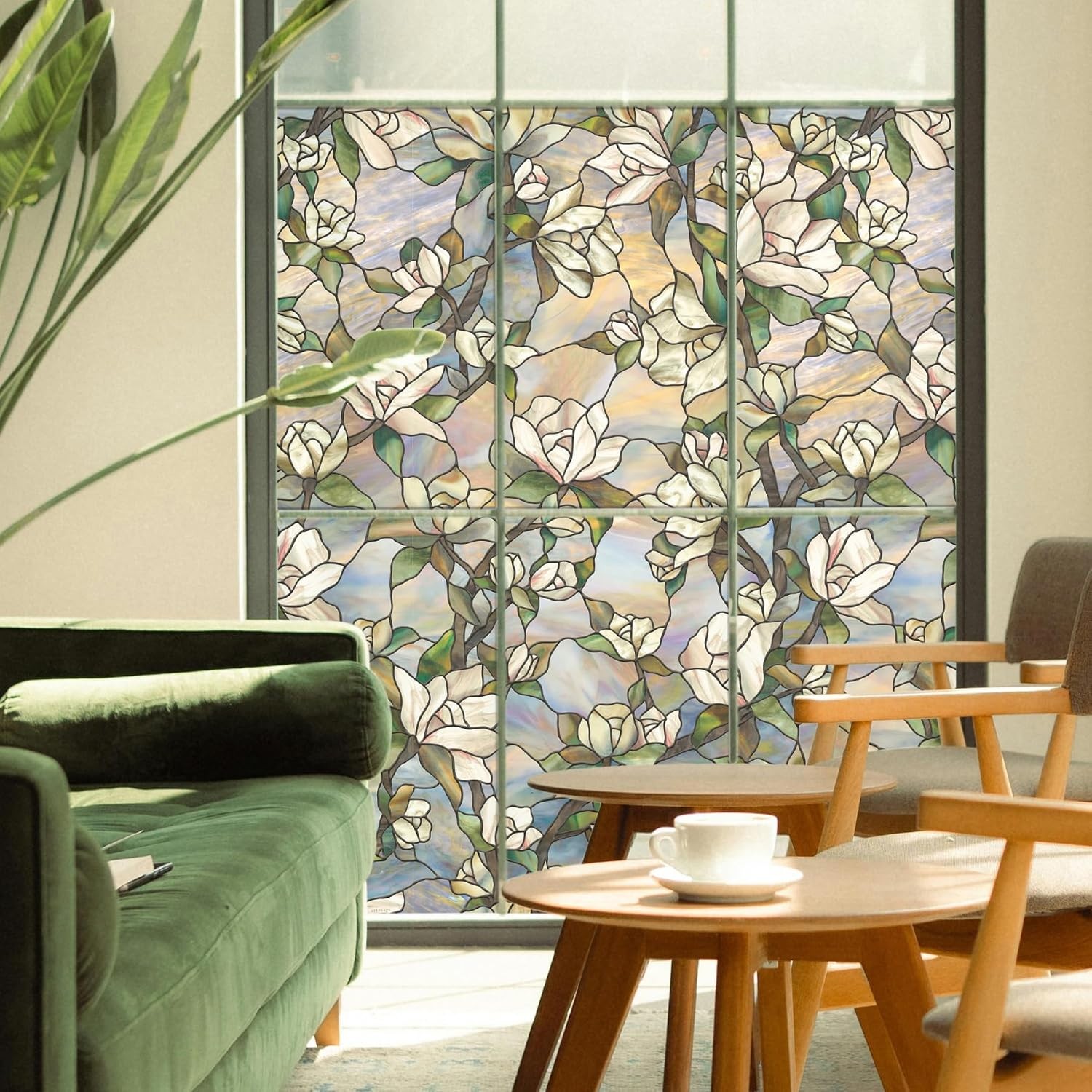 Star Magnolia Privacy Window Film W/ Vibrant Colored Pattern Non-Adhesive & UV