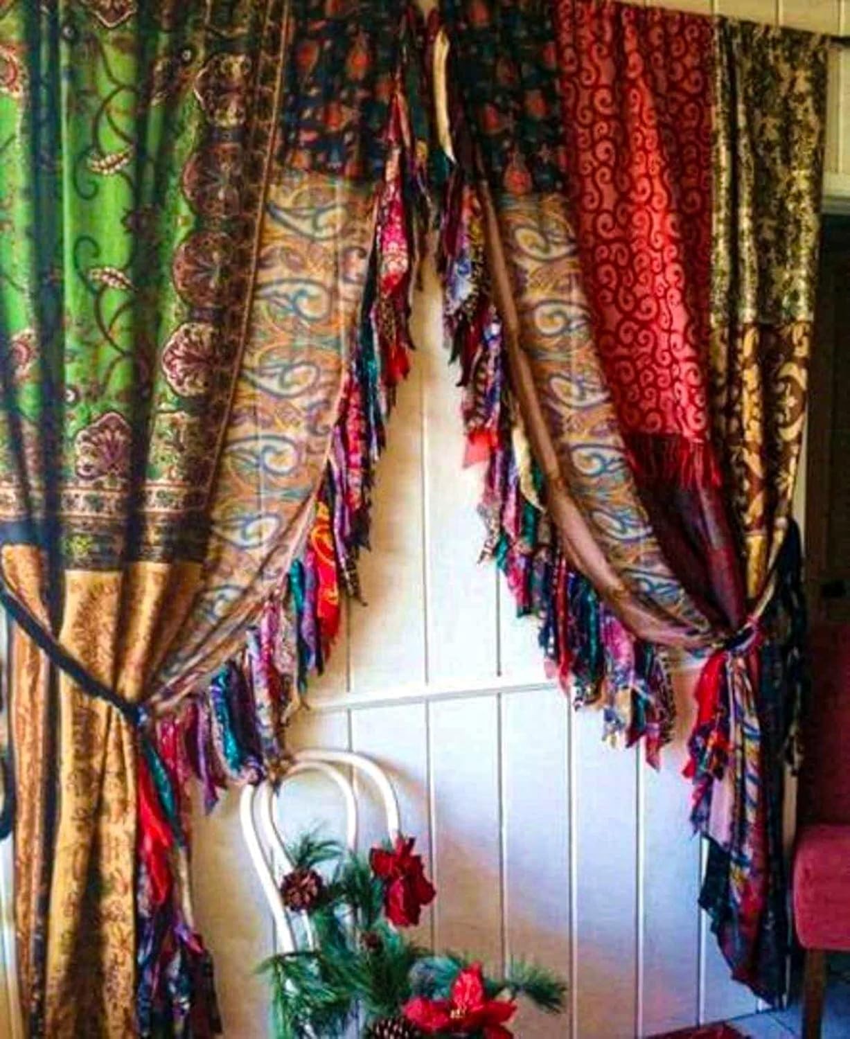 2 Pcs Indian Sari Patchwork Curtain Drape Window Decor Silk Sari Multi Curtain