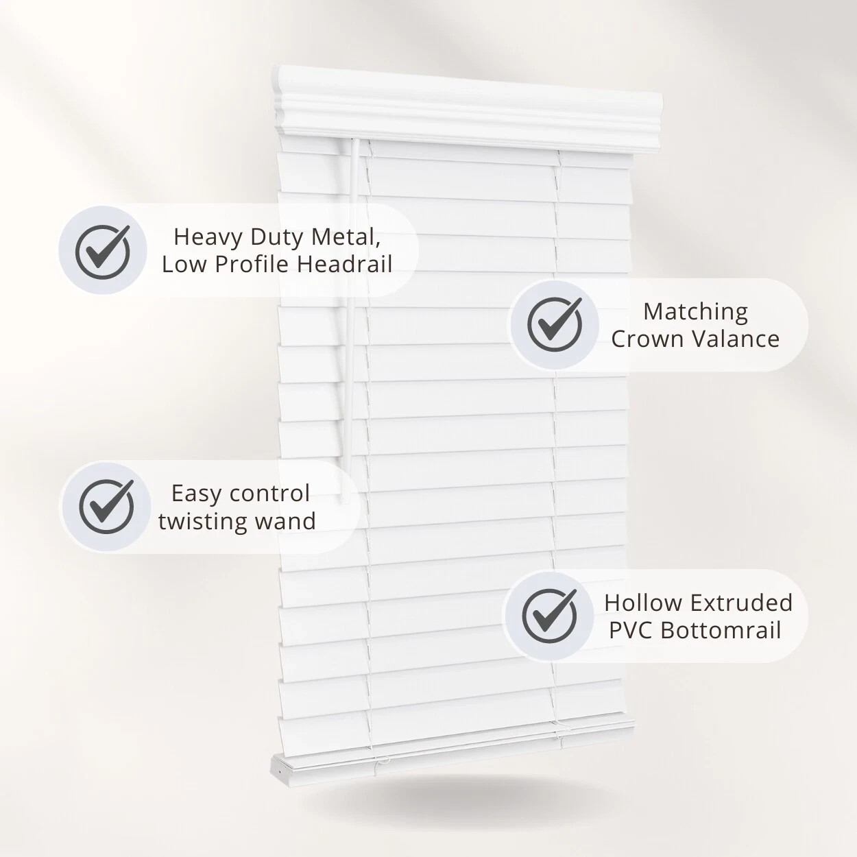 Cordless, 2 Inch Faux Wood Blind, 24 Wide x 73 Length, Exact Width, White
