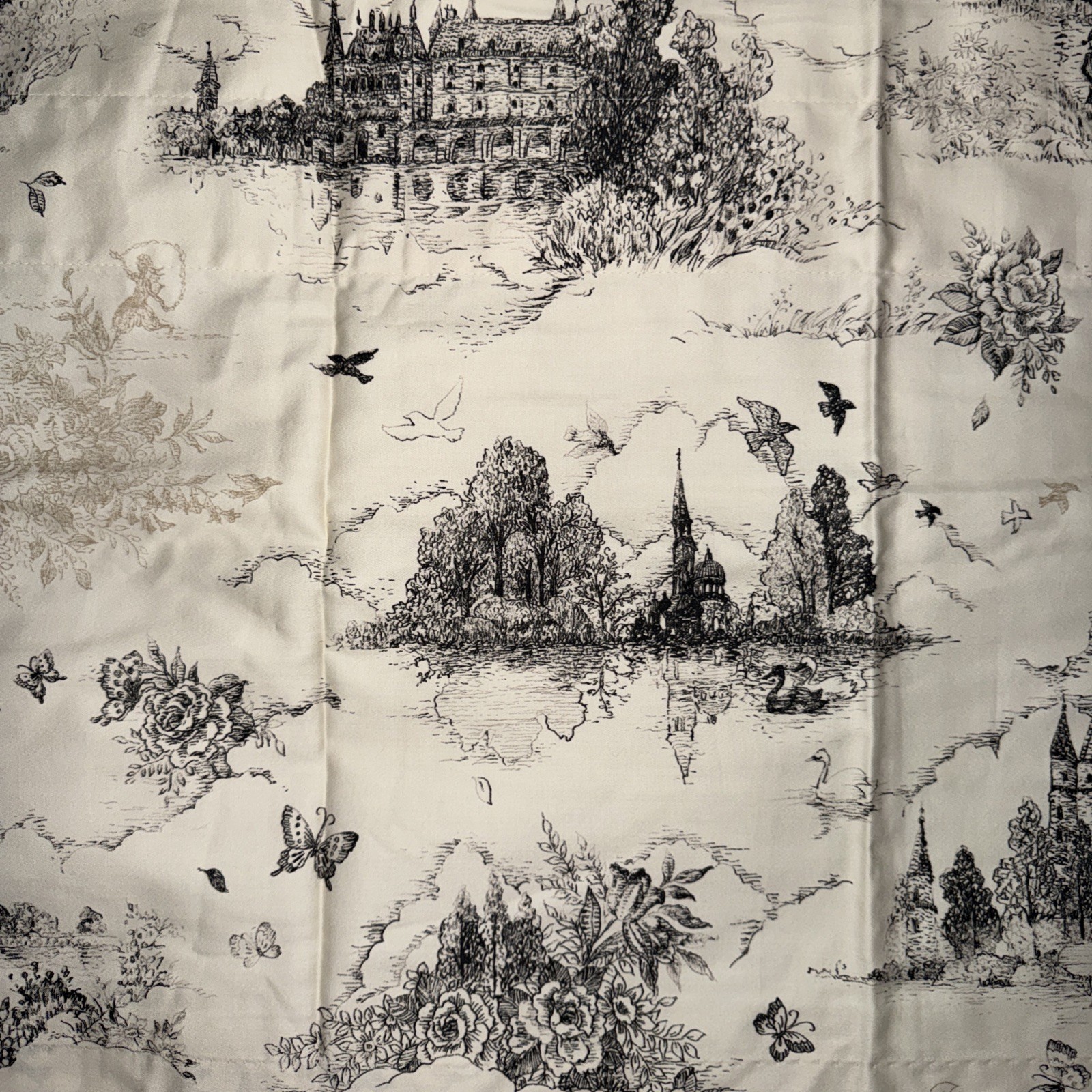 Black and cream toile de Jouy Curtain Valance Country Side Church Swan Floral