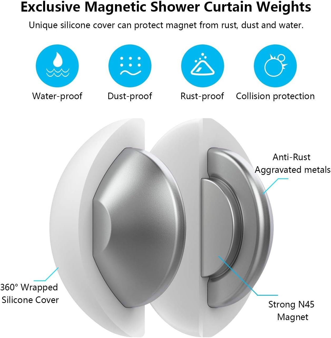 4 Packs Shower Curtain Weights, Magnetic Silicone Wrapped Heavy 4 Pack, White
