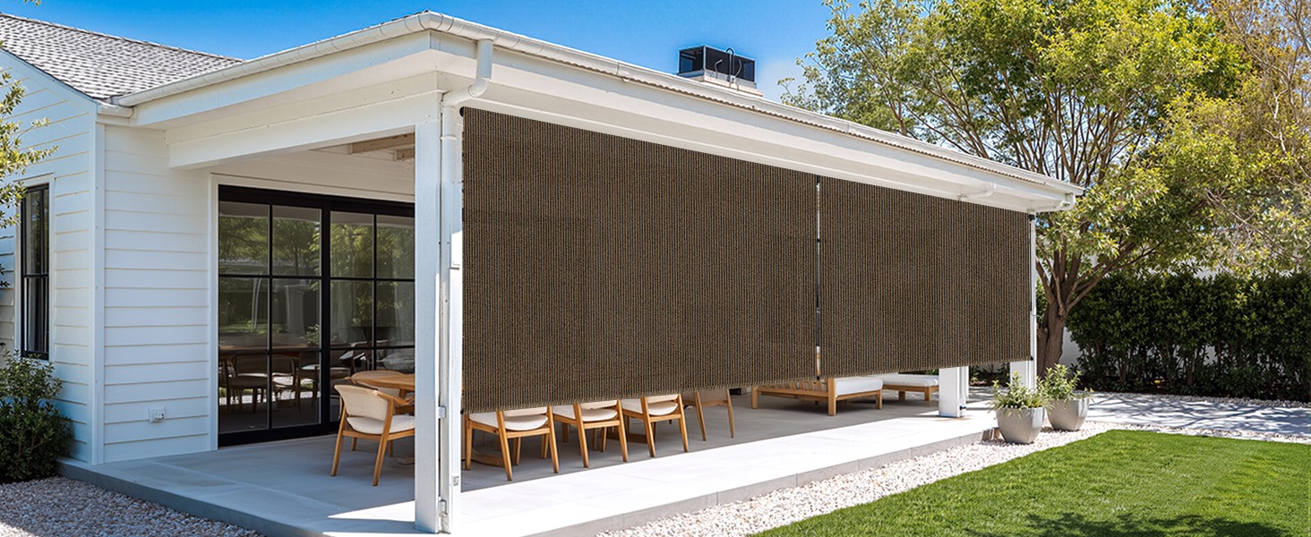 Outdoor Roller Shades for Patio, Mocha 10′ W x 8′ H Cordless Patio Shades Roll