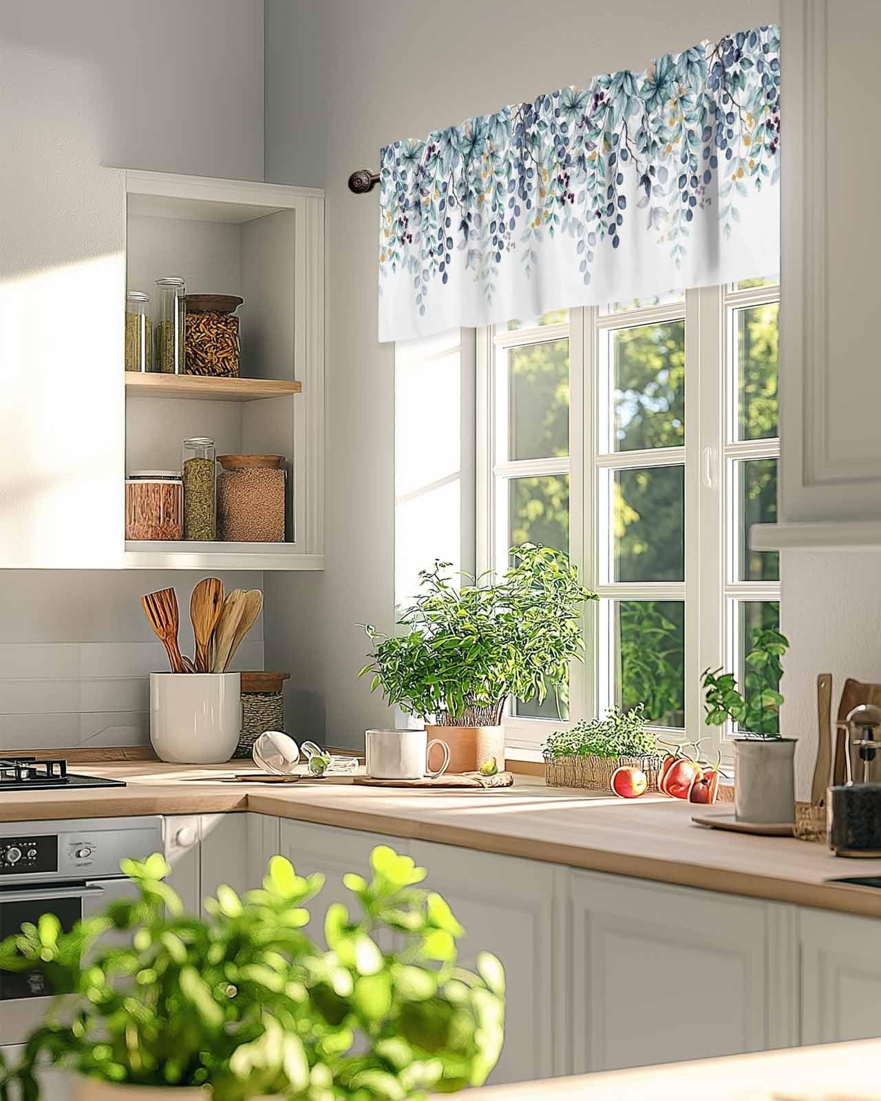 Blue Eucalyptus Leaves Window Valance Blue Plant Leaf Window Treatment Blue G…