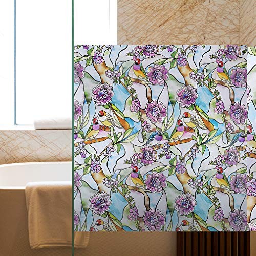 Stained Glass Window Film – 35″x118″, 35 Inx118 In Flower & Bird Pattern