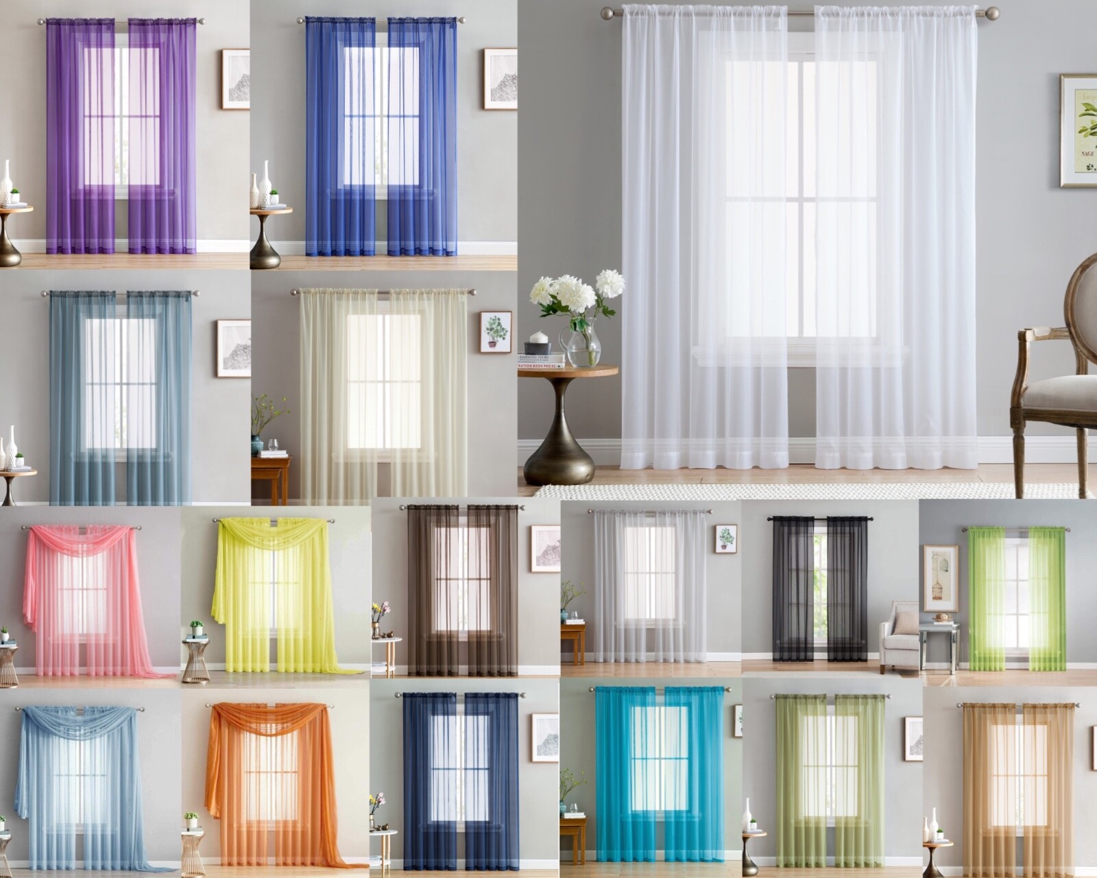 Addison Sheer Voile Window Curtain Solid Panels Rod Pocket – Set of 2