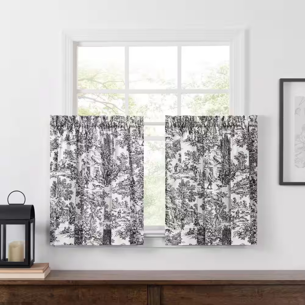 Victoria Park Black Toile Rod Pocket Light Filtering Curtain – 34 In. W X 24 In.