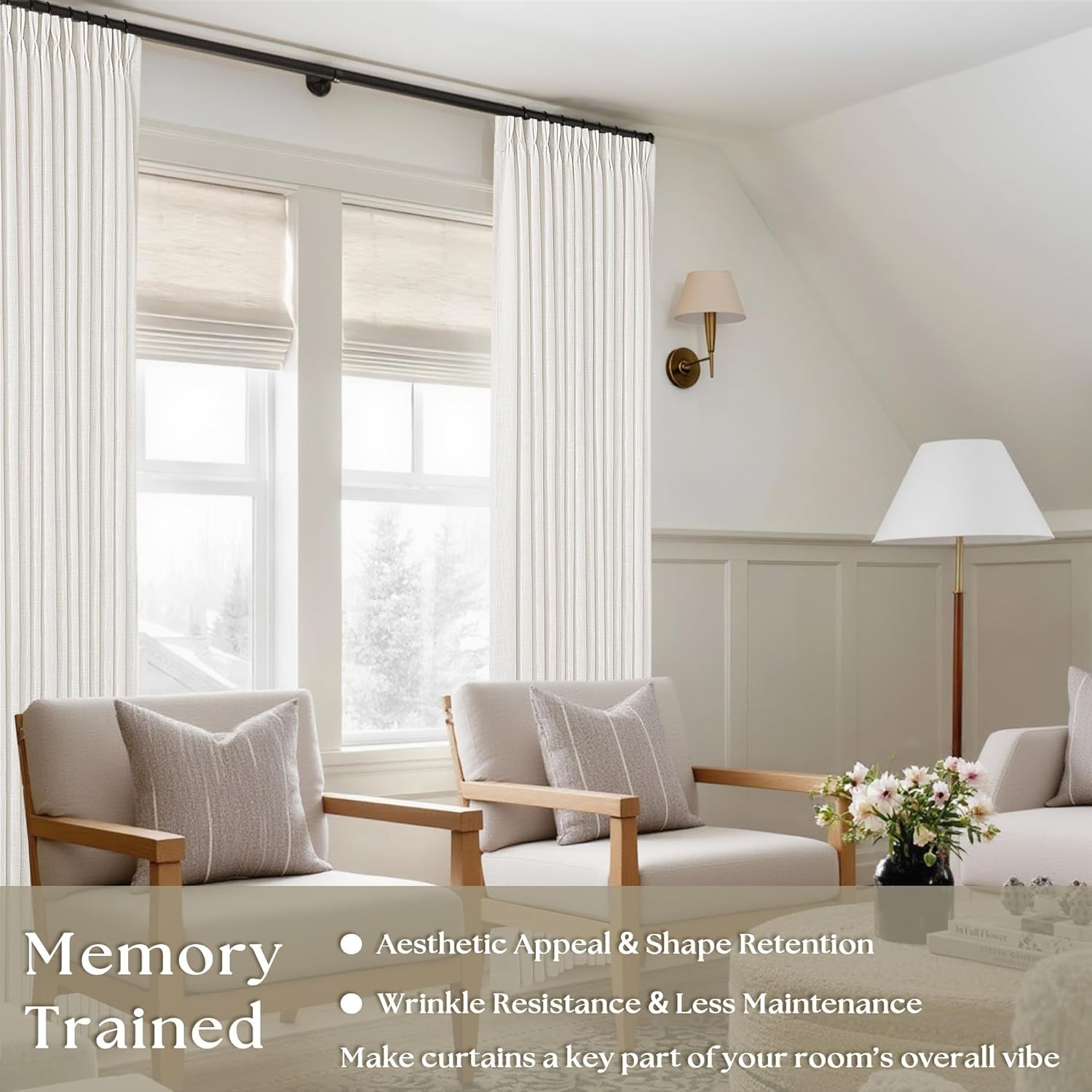 Beige White Pinch Pleated Linen Curtains 2 Panels 105 Inches Long for Living Roo