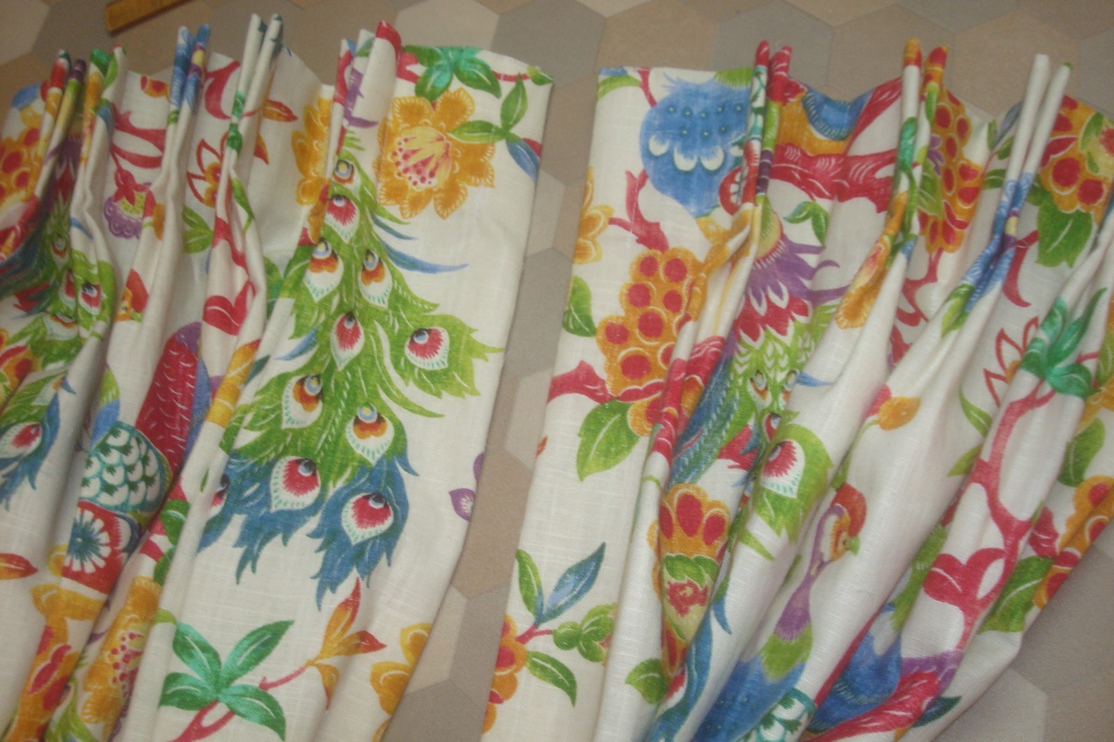 New Custom DRAPES Lined 2 pc LINEN Peacock Floral Fiesta Lark Pleated 96″ lg