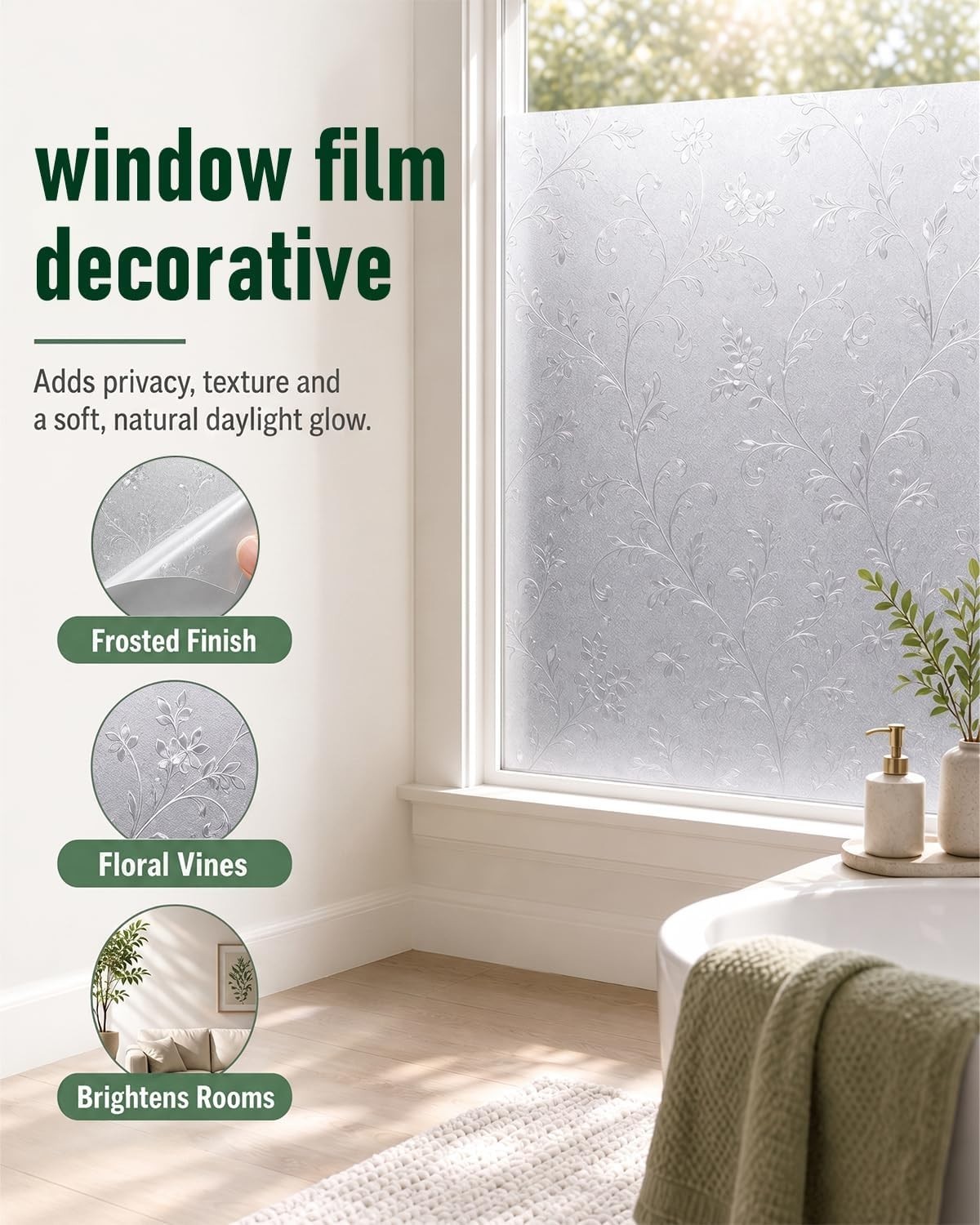 Privacy Window Film with Decorative Vine Pattern – 17.7” x 78.7” Static Cling