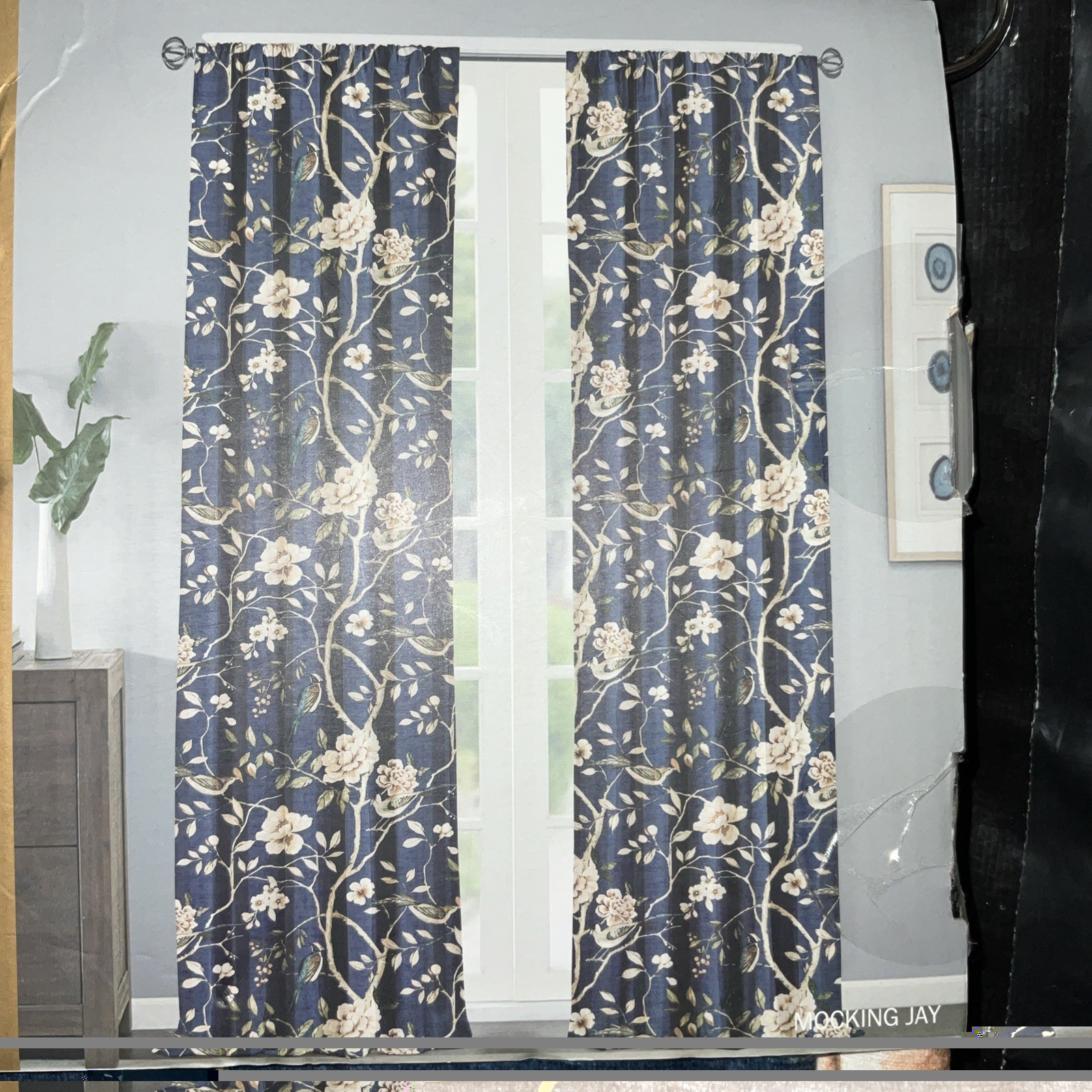 Set of 4 Window Panels – Aimee Maison Mocking Jay Birds Drapes – Blue – 37 x 96”