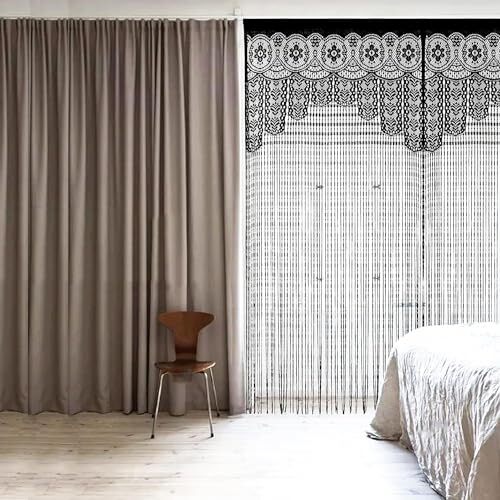 String Door Privacy Lace Curtain Macrame Boho Doorway 35×79in/90×200cm Black