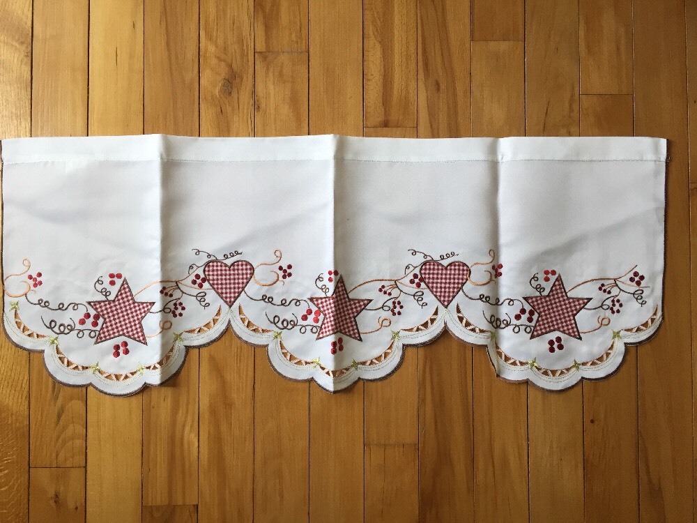 Primitive Gingham Hearts & Stars Valance Checkered Country Embroidered Valance