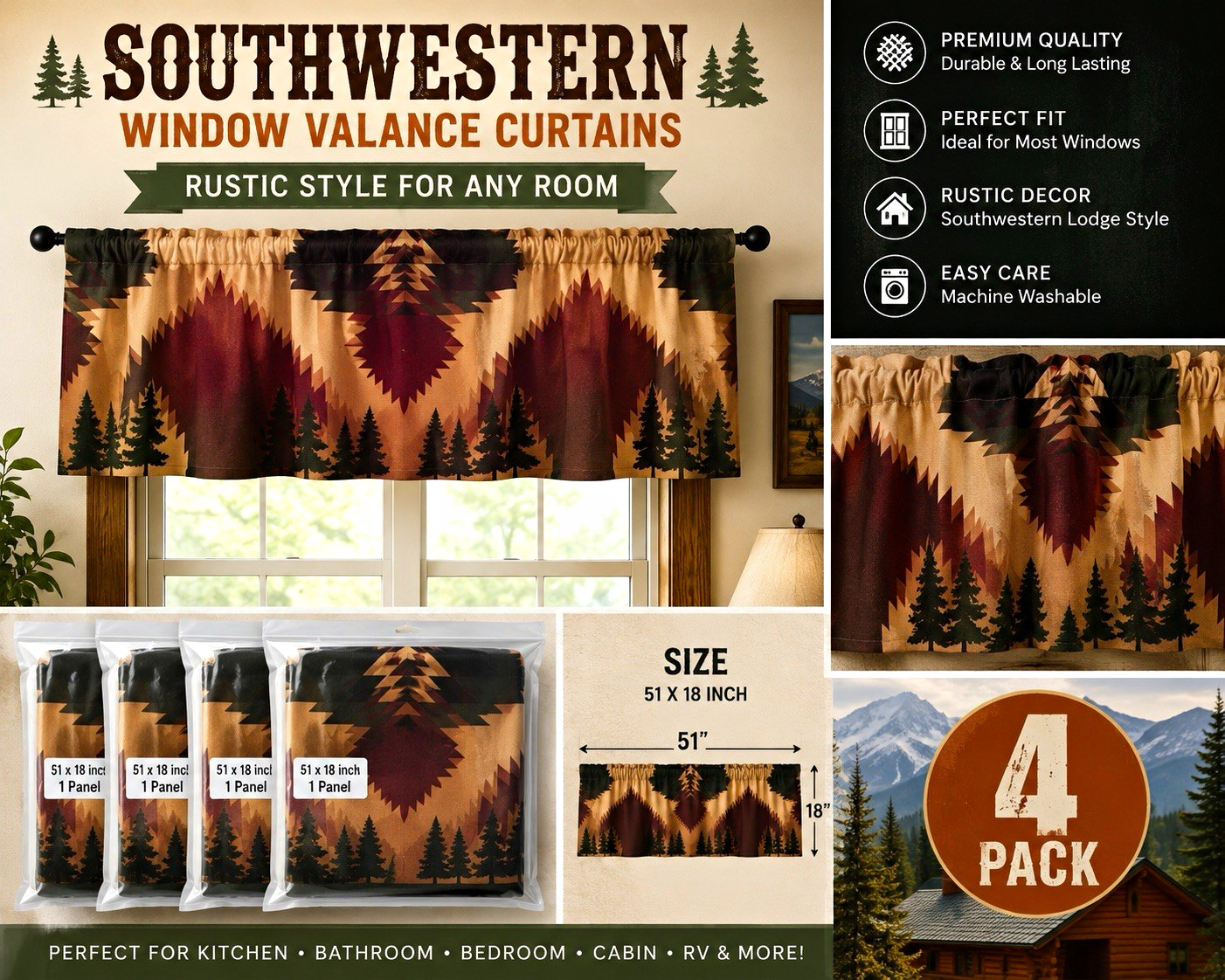 Southwestern Rustic Window Valance 4 Pack 51×18 Polyester Rod Pocket Opaque