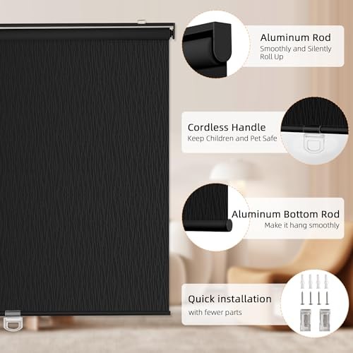 out Roller Shades for Windows, Striped Pattern Cordless Pull 20″W x 72″H Black