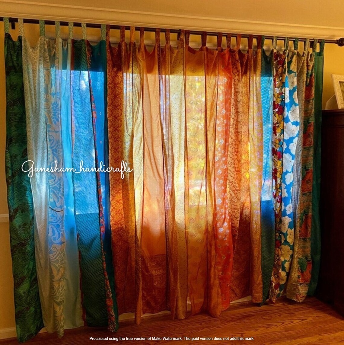 1Pc Indian Sari Patchwork Curtain Drape Window Decor Orange Silk Sari Curtain