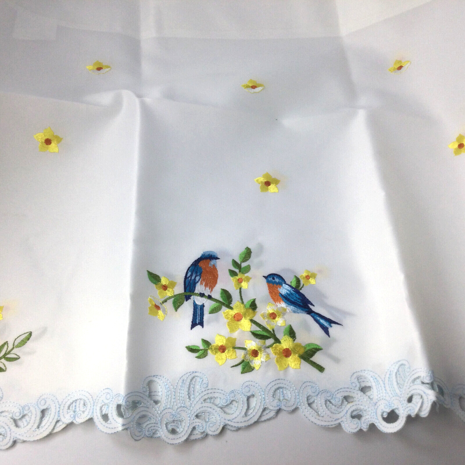 Embroidered White 2 Tiers Window Curtains Birds and Flowers 24 x 28 Each