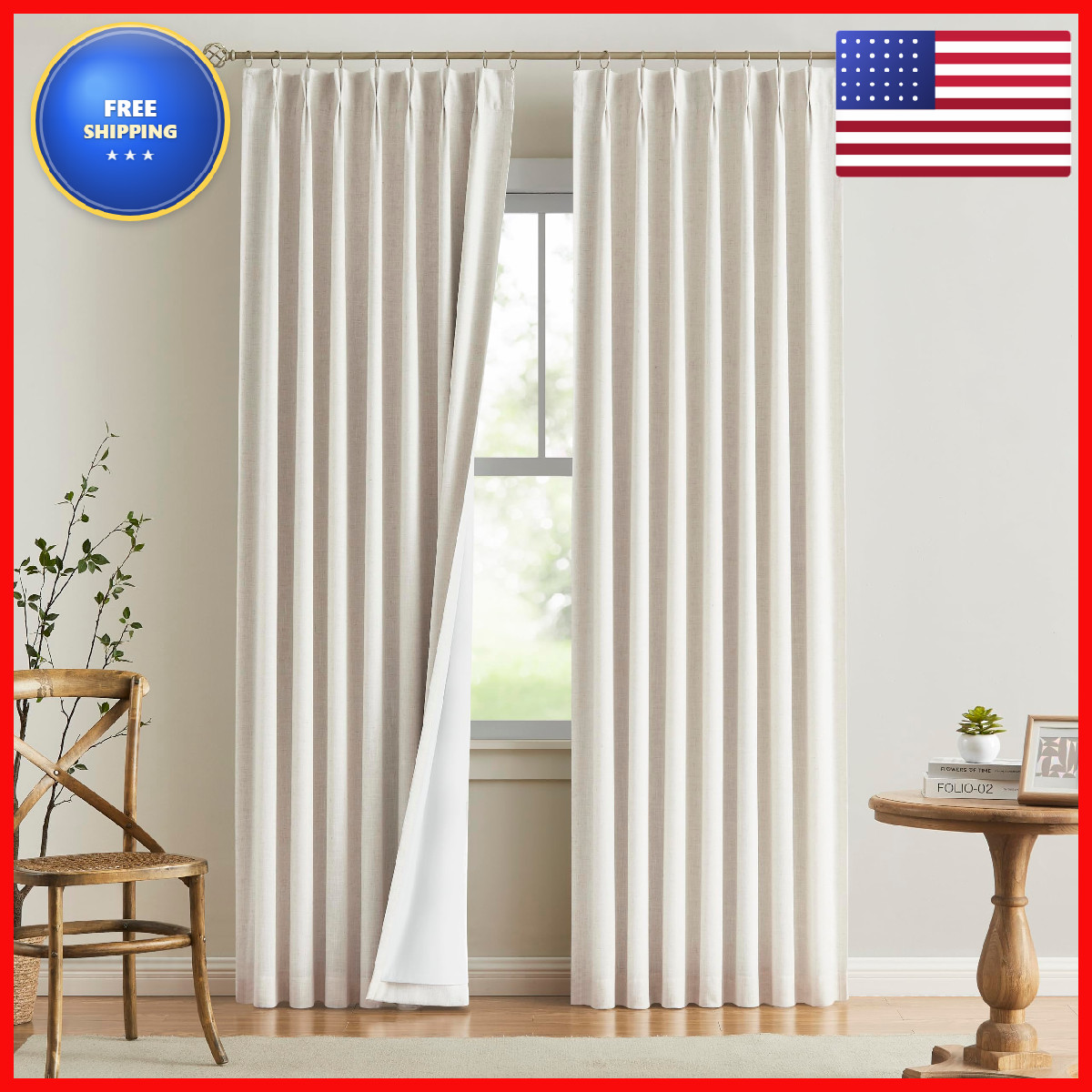 Vision Home Natural Pinch Pleated Full Blackout Curtains Linen Blended Room