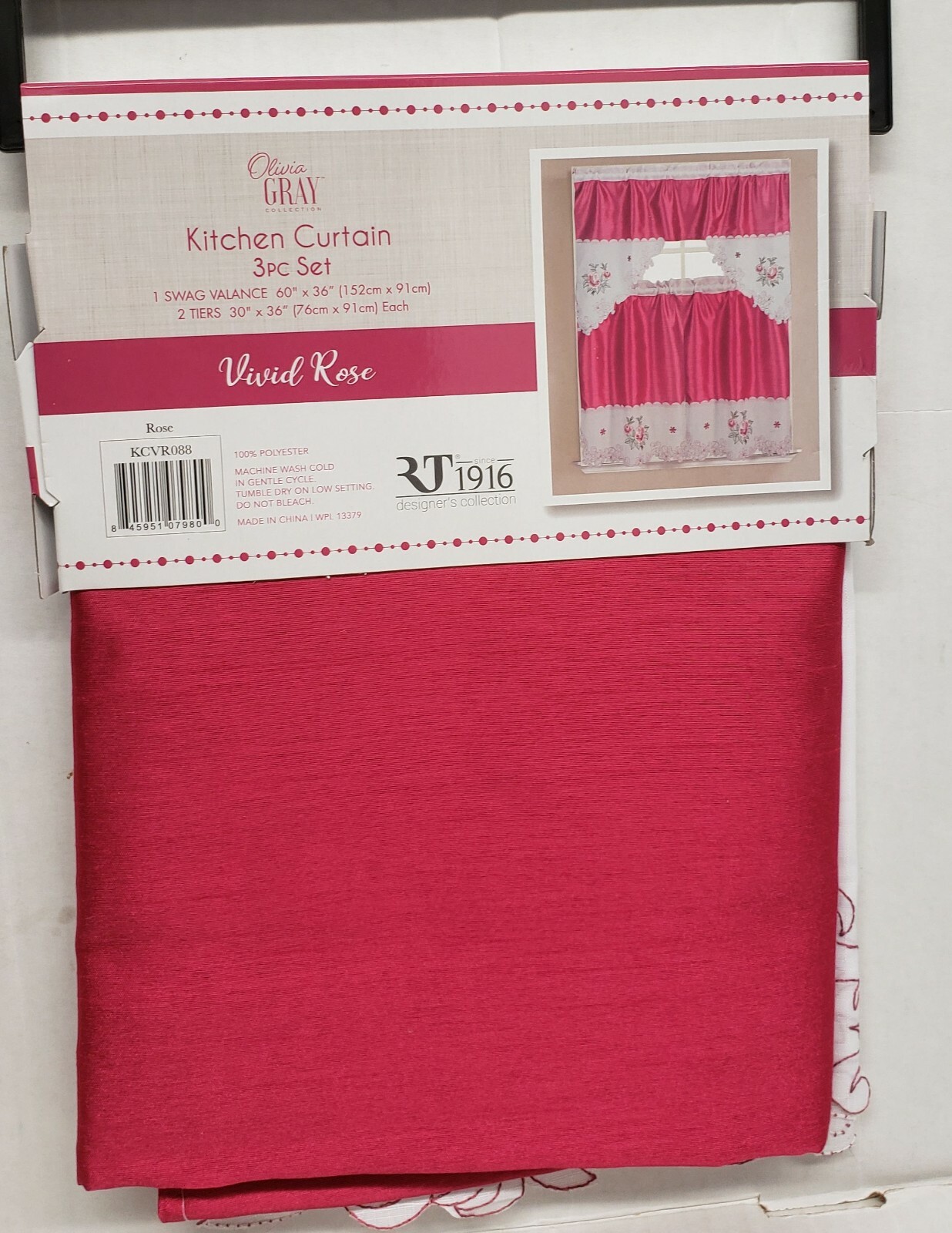 3pc. Embroidered Curtains Set: 2 Tiers & Swag (60″x36″) VIVID ROSE FLOWERS,OG,RT