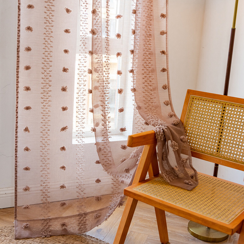 Bohemian Tufted Floral Curtains Moroccan Living Room Bedroom Sheer Tulle Curtain