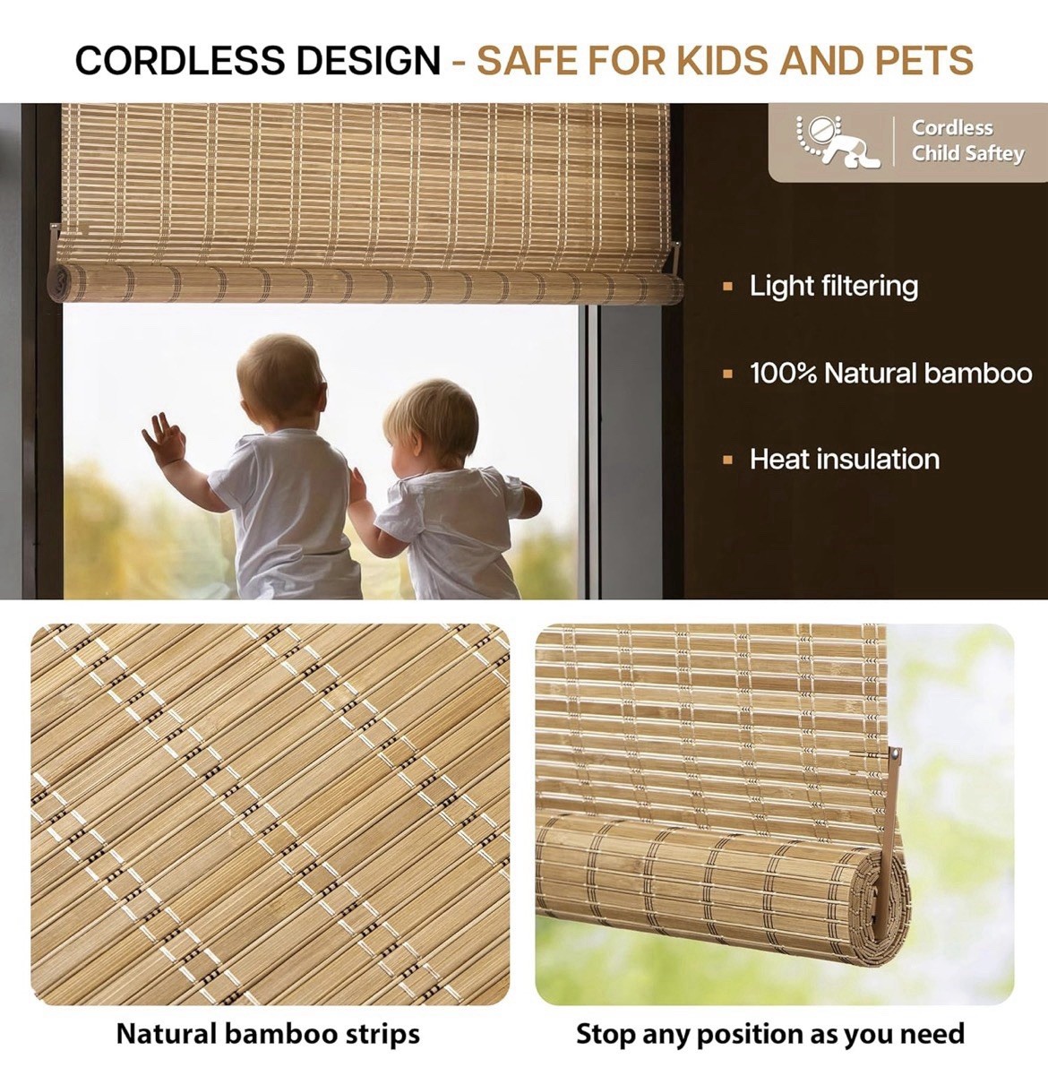 No Drill Cordless Bamboo Roller Shades 35×64 Brown Light Filtering Window Blind