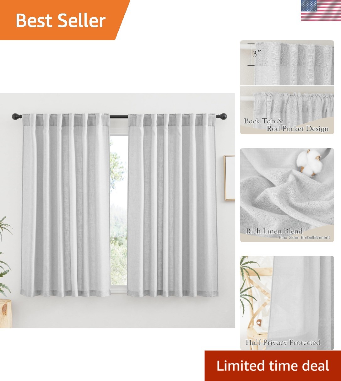 Elegant Dove Grey Sheer Curtains – 52×45 Inches, Light Filtering Privacy Panels