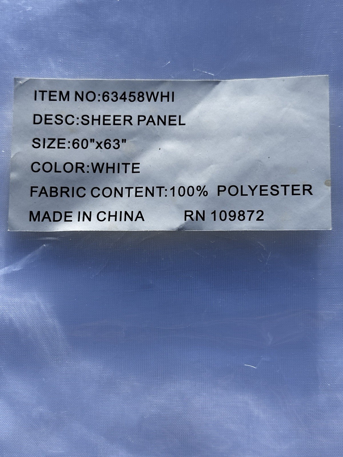 Sheer Panel Curtain – 60”x63”: 100% Polyester
