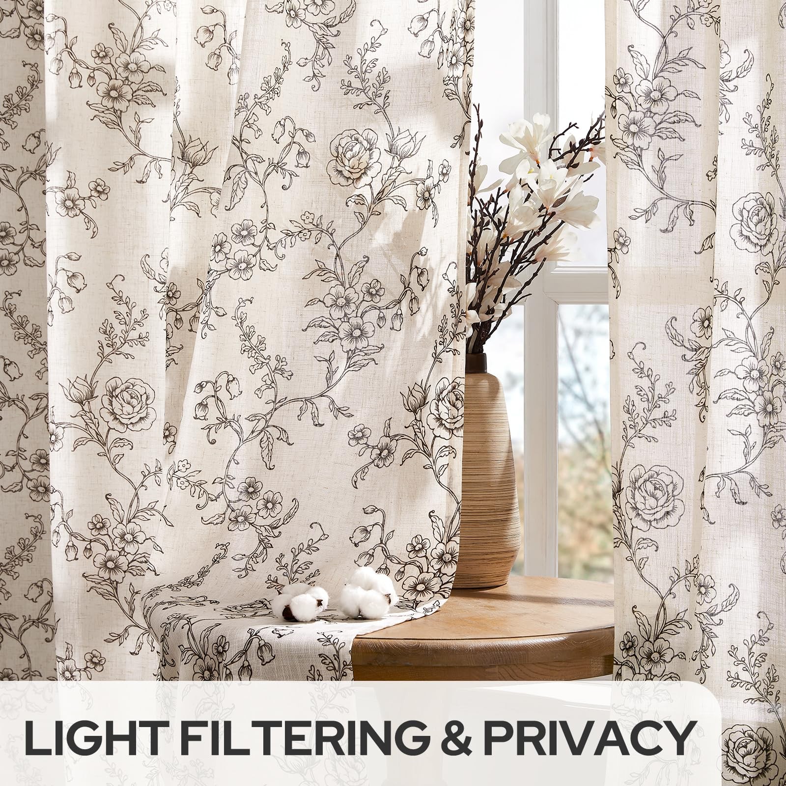 Floral Linen Curtains, Vintage French Country Curtain Drapes, Light Filtering…