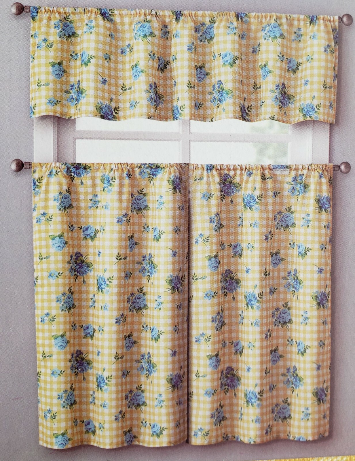 3pc. Curtains Set: Valance(56″x14″) & 2 Tiers (28″x36″) BLUE FLOWERS, CINDY, VC