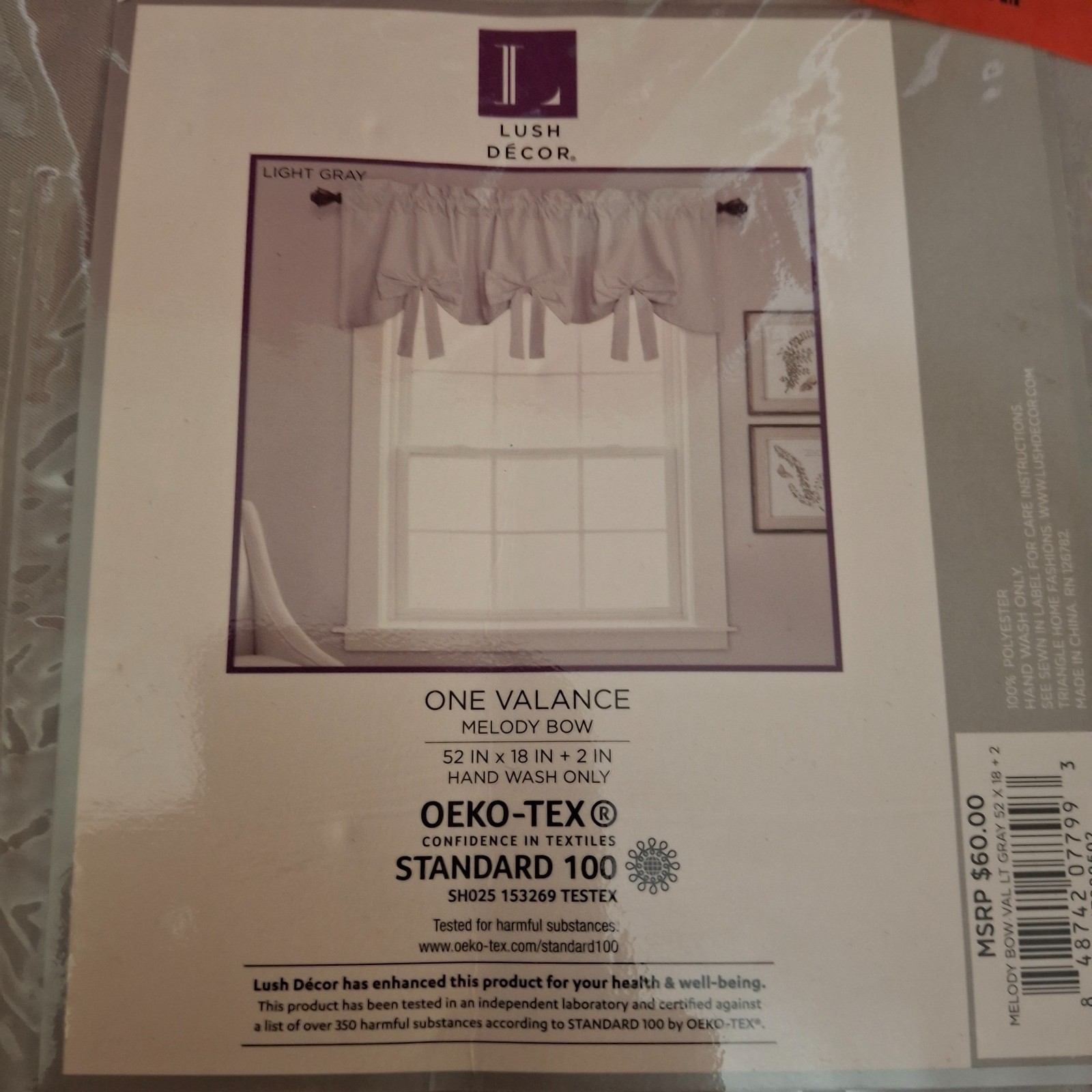 Lush Decor Melody Bow Valance 18″ Light Gray Rod Pocket 52″ x 18″ + 2