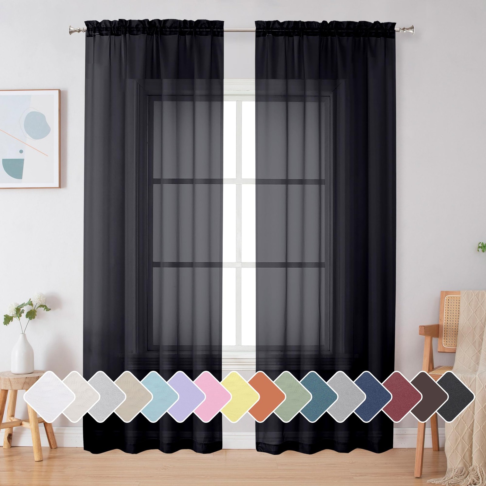 Black Sheer Curtains 84 Inches Long, Light Filtering Rod Pocket Solid Color W…