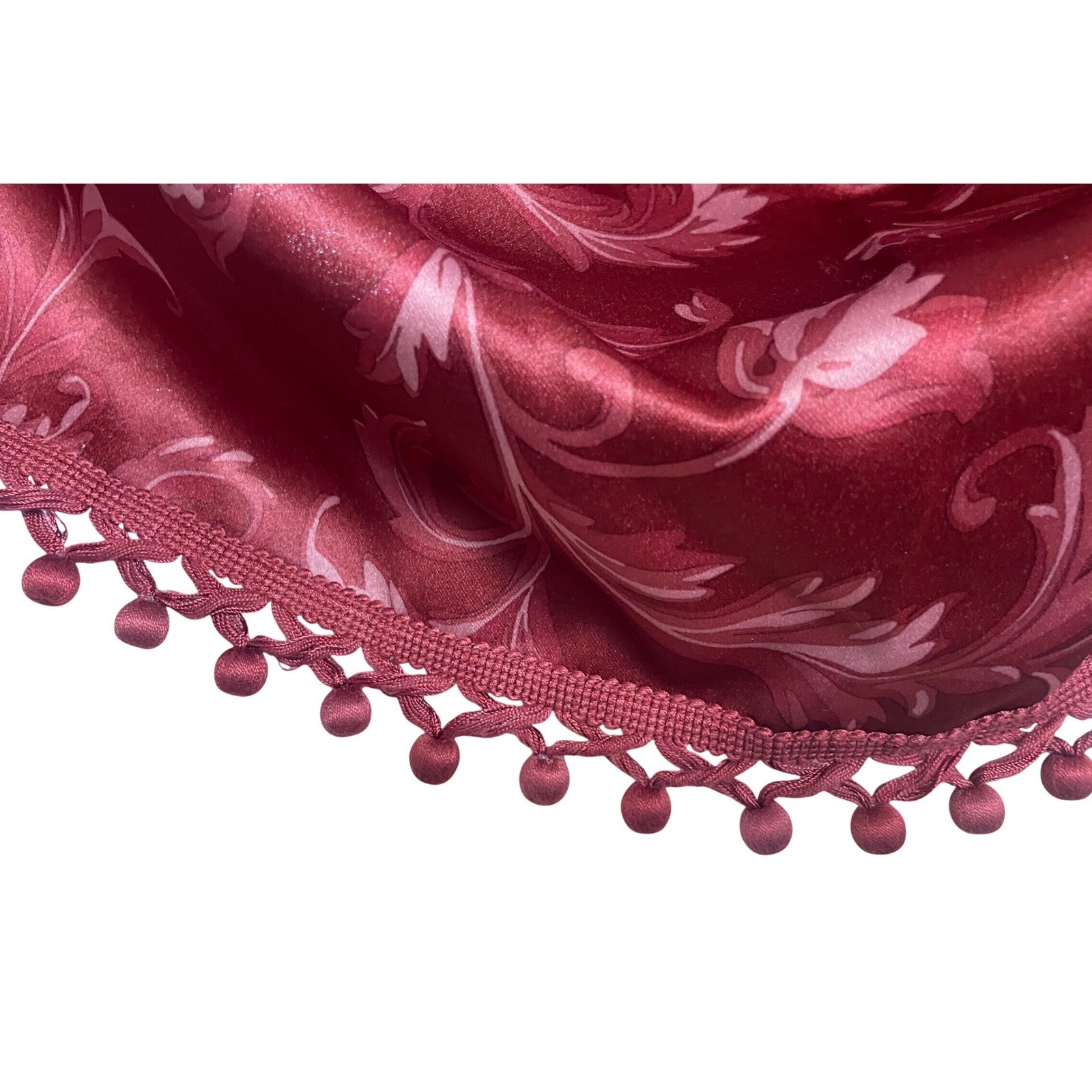 Springs Global Burgundy Damask Floral Satin Window Valance Set of 4 Pom Fringe