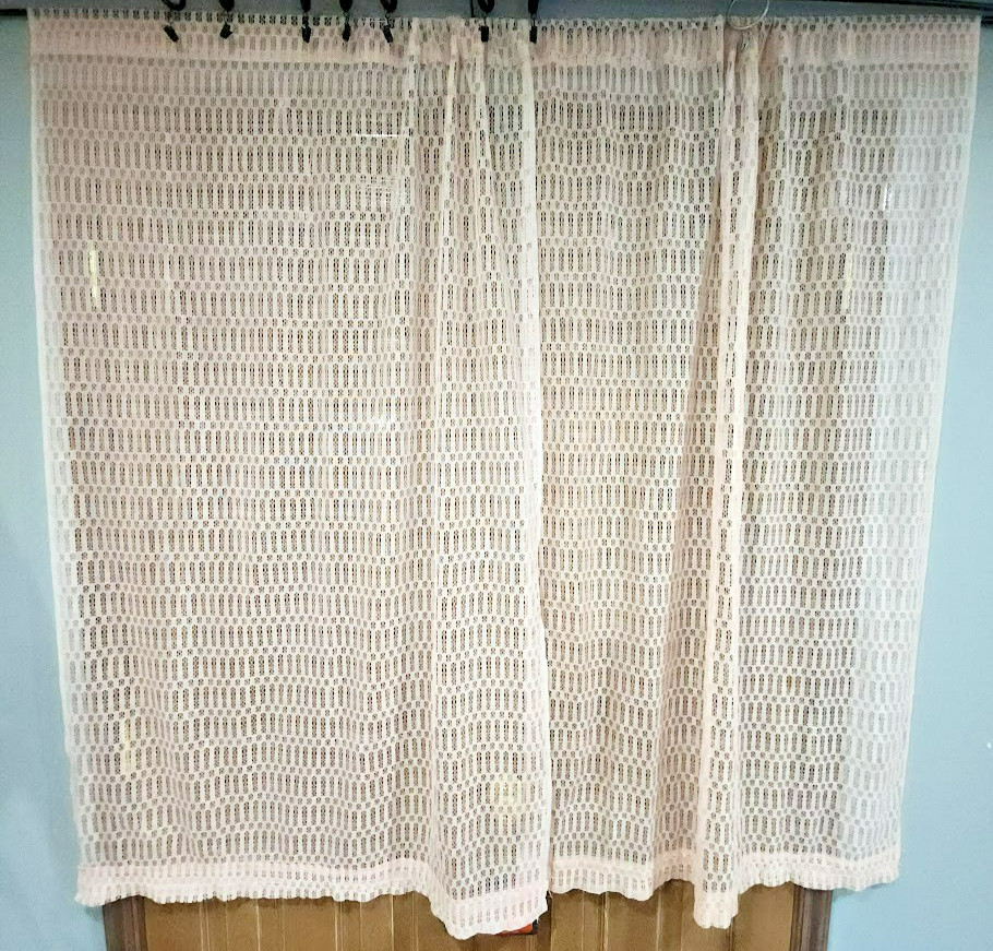 Vtg 70’s polyester Curtain Sheer 2 panels Pink woven MCM 40″ w x 60″ l window