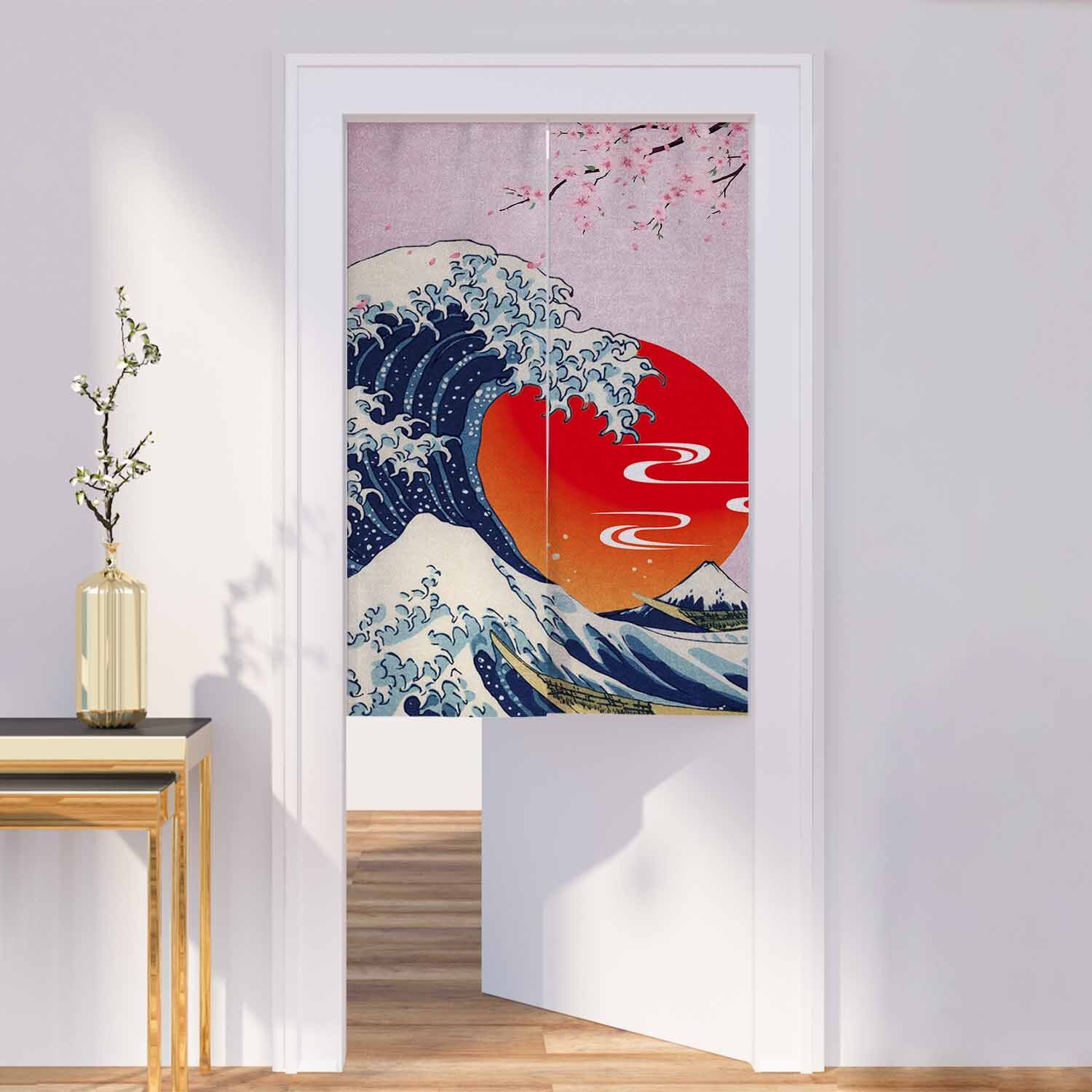 Japanese Style Noren Doorway Curtain RedSun Pink Cherry Blossom Waves Door Decor
