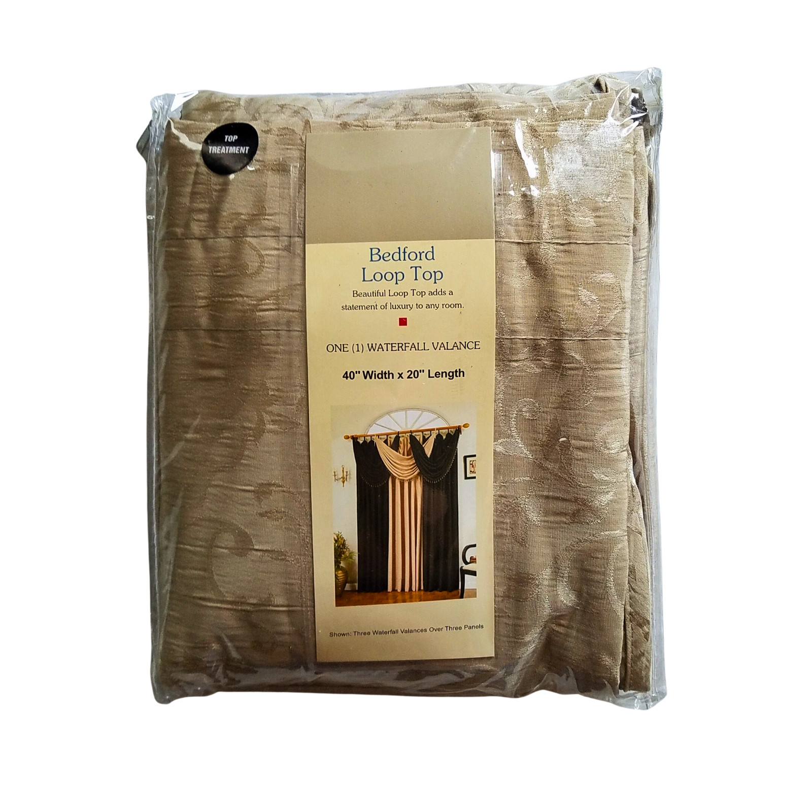 Bedford Loop Top Gold Beige Window Panel 54″ x 84″ & Waterfall Valance 40”x 20″