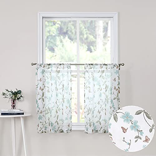 Short Sheer Floral Tier Curtains Flower Butterfly Printed 30″W x 24″L Blue