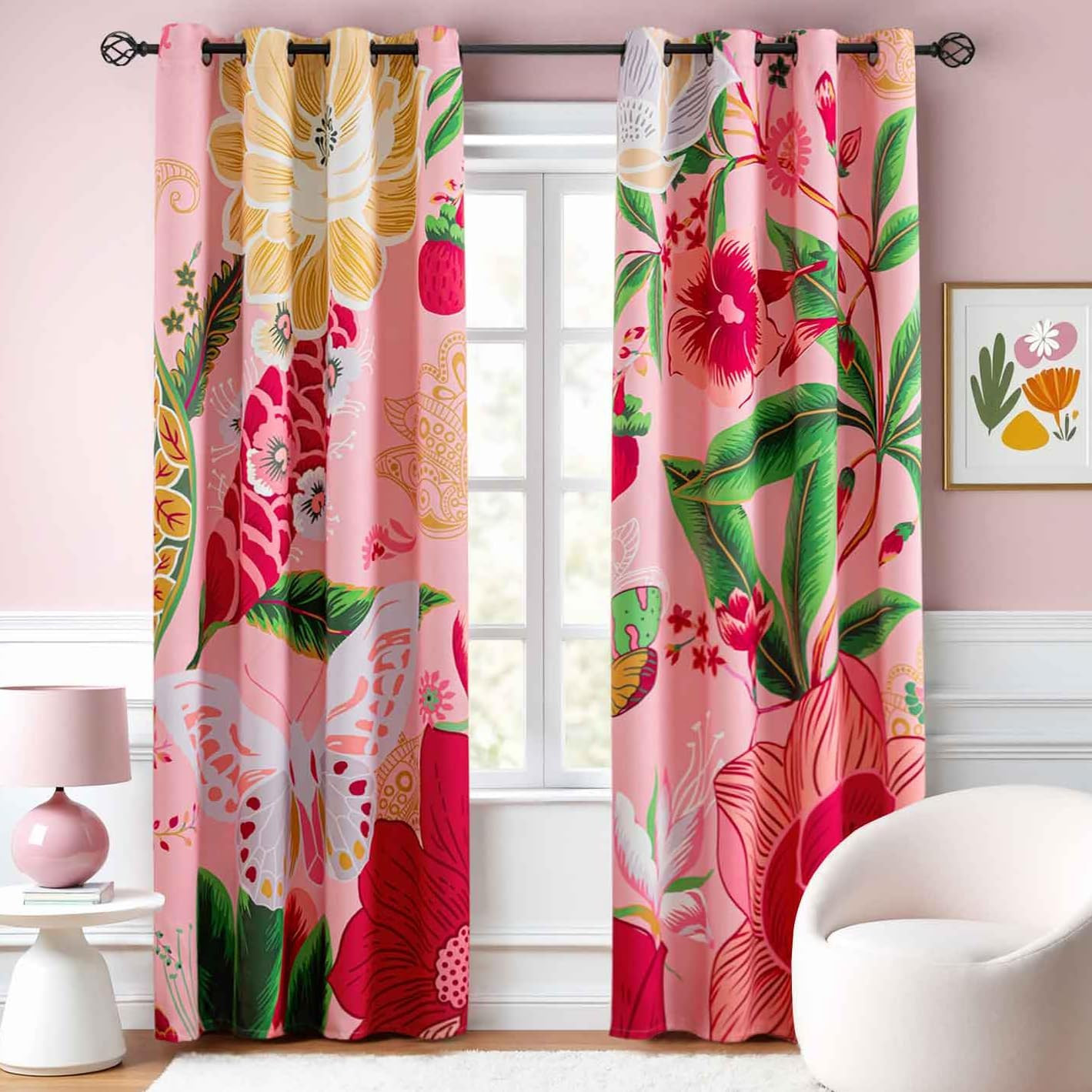 Pink Boho Floral Blackout Curtains for Girls Bedroom 84 Inch Long 2 Panels Butte