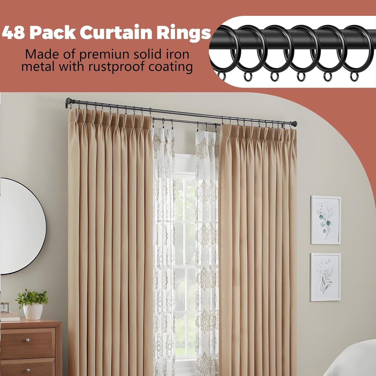 Curtain Rings with Eyelets,48 Pack Metal Black Curtain Rings for Pinch Pleat Cur