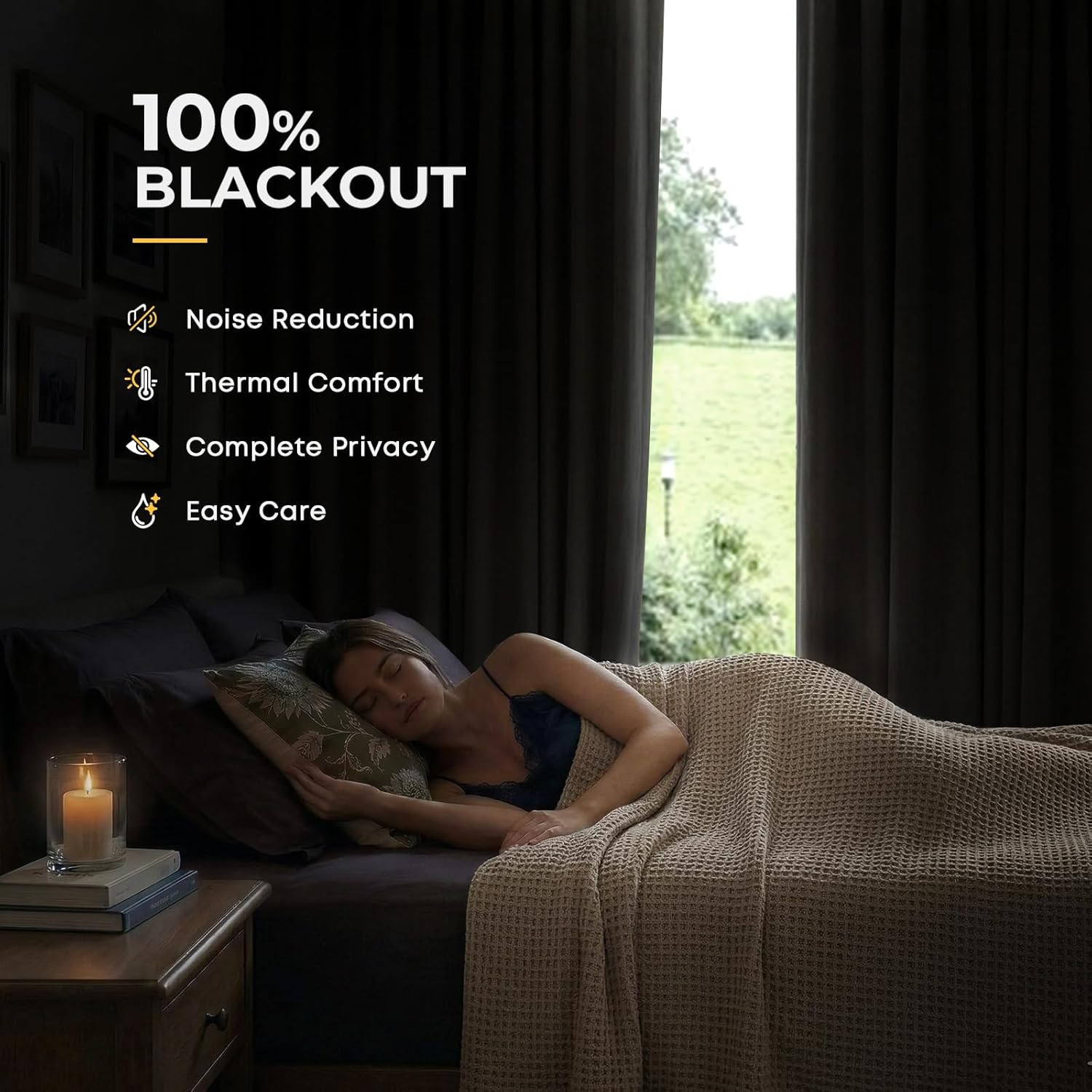 100% Blackout Curtains for Bedroom, Beige White Black Out Curtains 84 Inch Long,