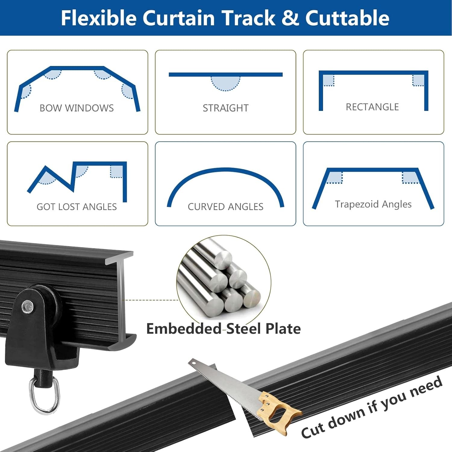 Ceiling Curtain Track, 12 Ft Black Flexible Bendable Curved Curtain Rail Wall Mo