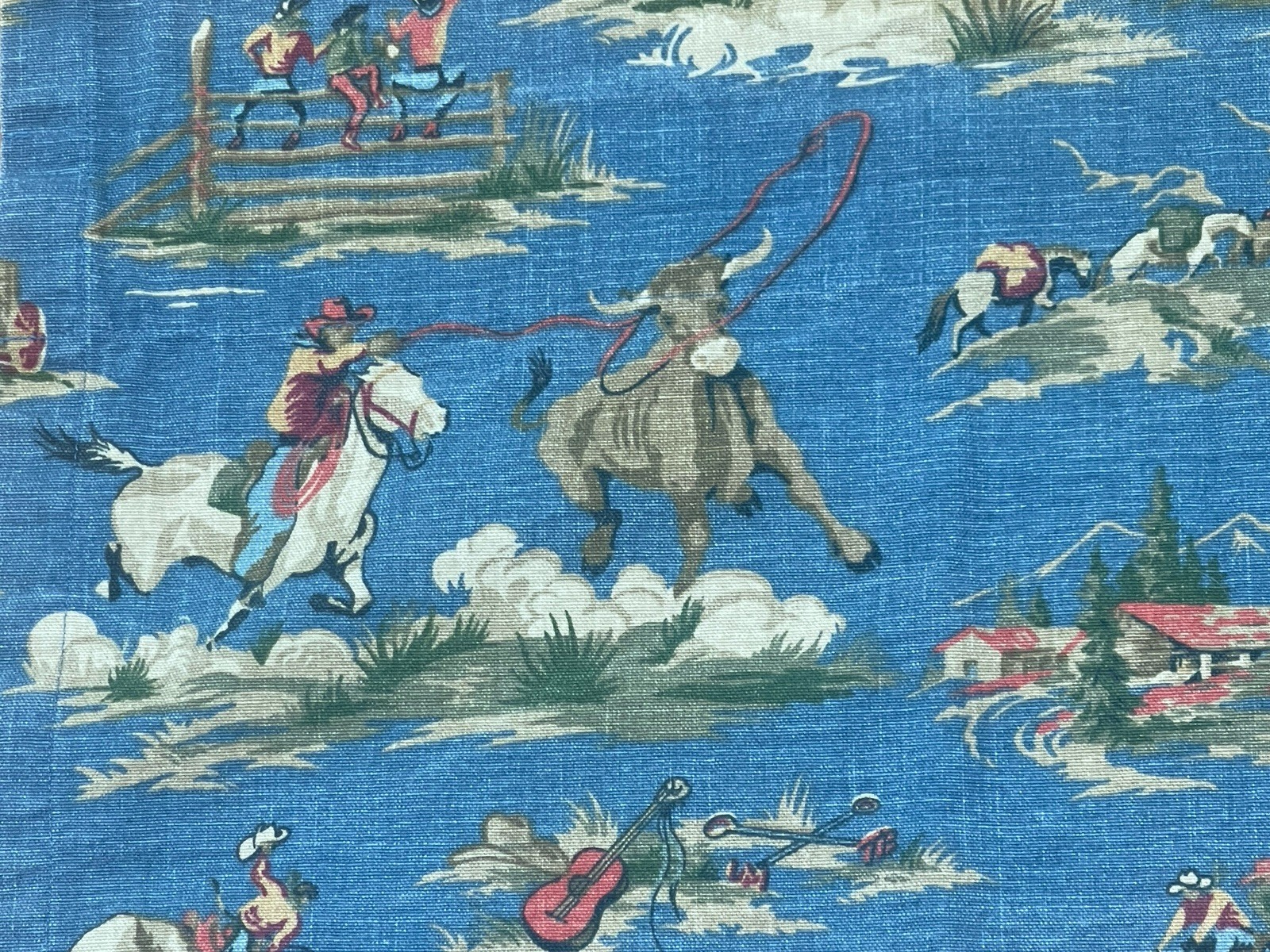 13×51 Cowboy Western Ranch Window Valance Curtain Blue Tan Washed Denim Look