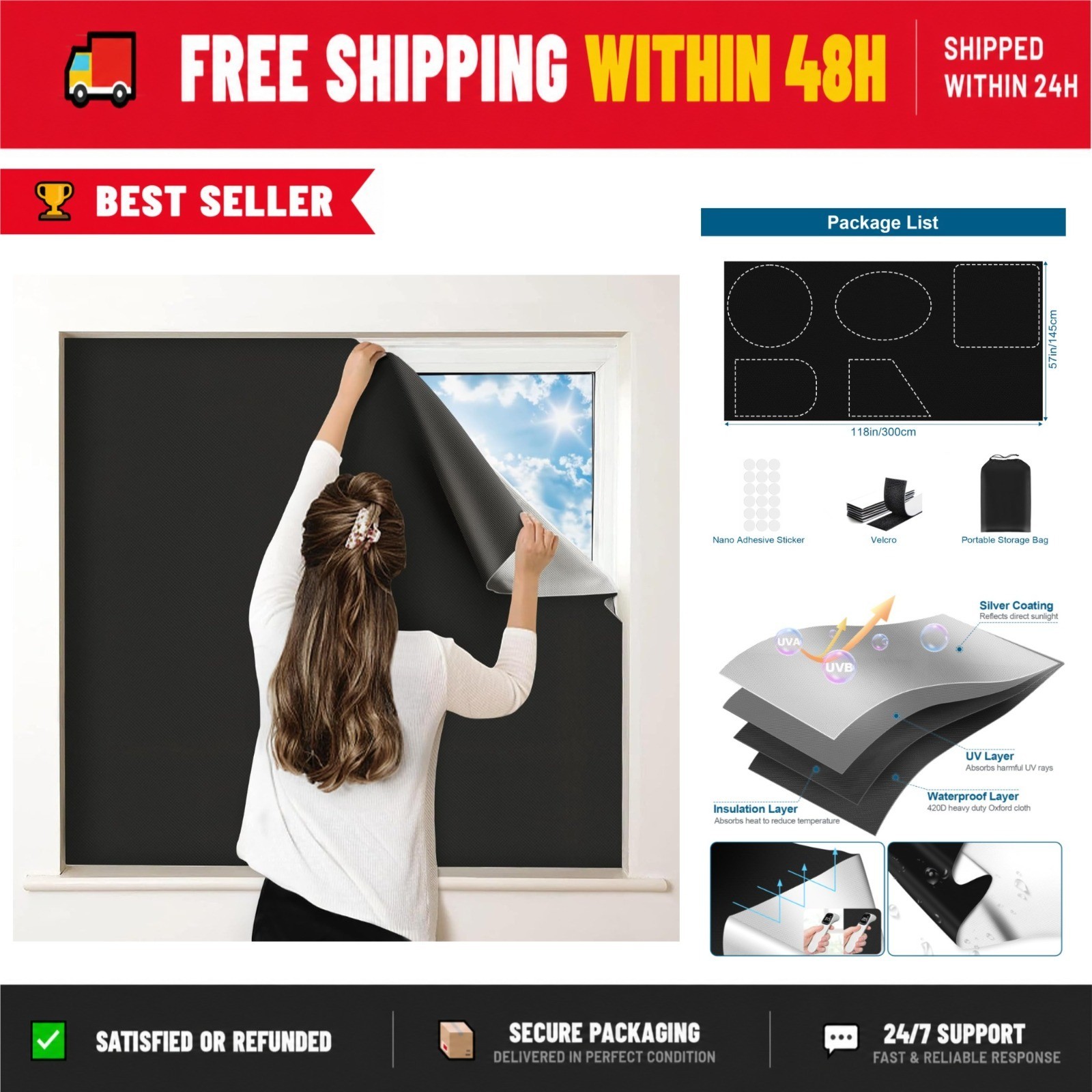 100% Blackout Curtains for Bedroom, Portable DIY Window Blinds 118″x57″