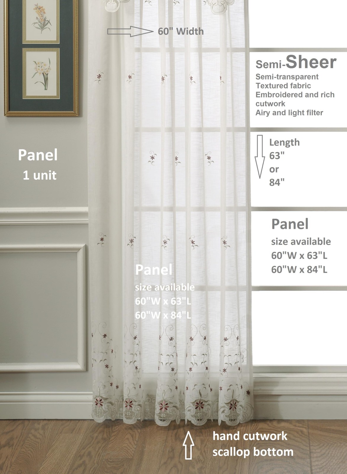 , Sunshine Semi Sheer Embroidery Panel 84″, Ecru/Burgundy, 60″ W x 84″ L
