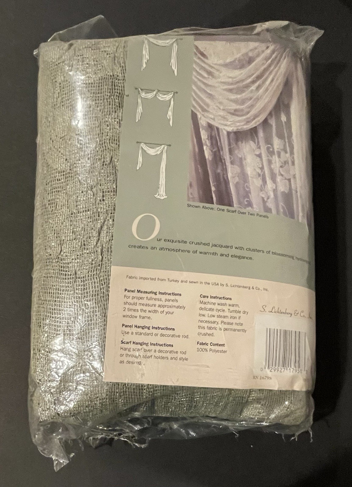 2 S. Lichtenburg & Co. Hydrangea Window Scarf Treatments Sage 40”W X 216”L NIP