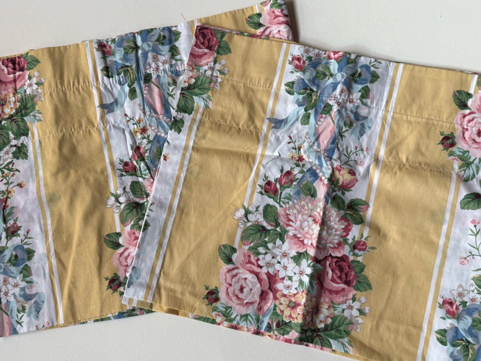 PAIR Vintage CROSCILL Home *PRINCESS YELLOW Floral VALANCES Stripe Blouson 88×17